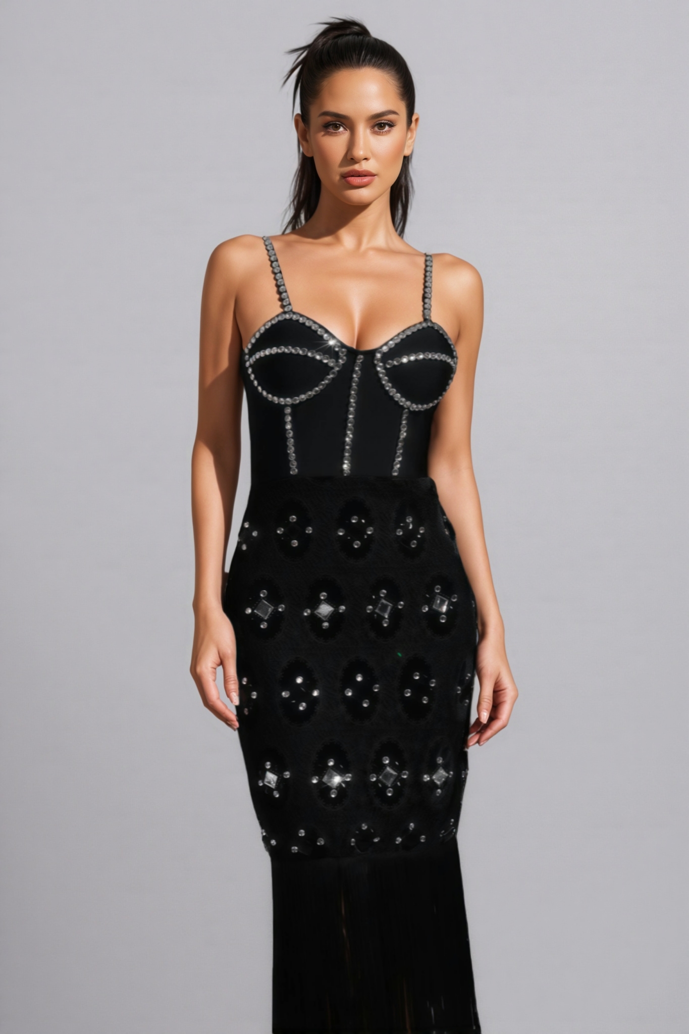 Jorvilp lace Sleeveless Tassels Diamond Maxi Dress