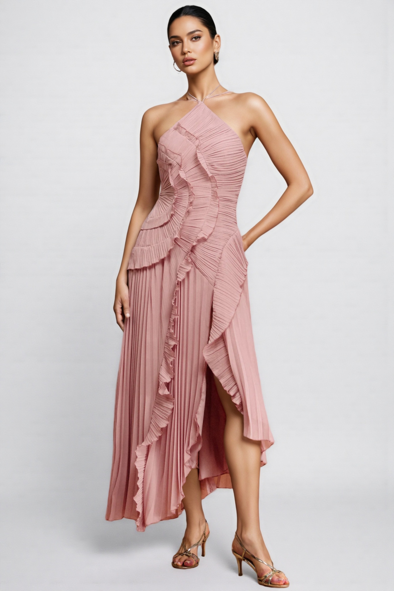 Amartk Sleeveless Folds Slit Maxi Dress