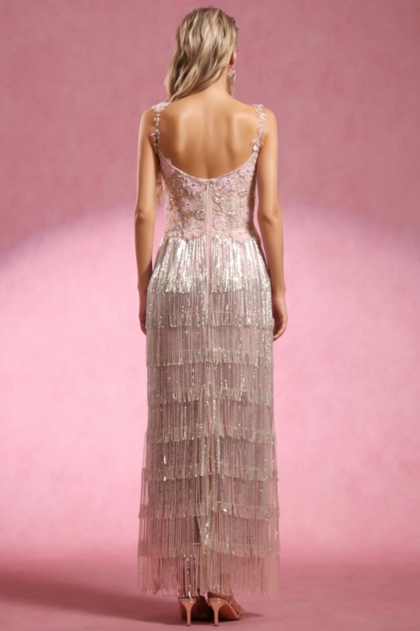 Riala Sleeveless Flowers Diamond Tassels Maxi Dress