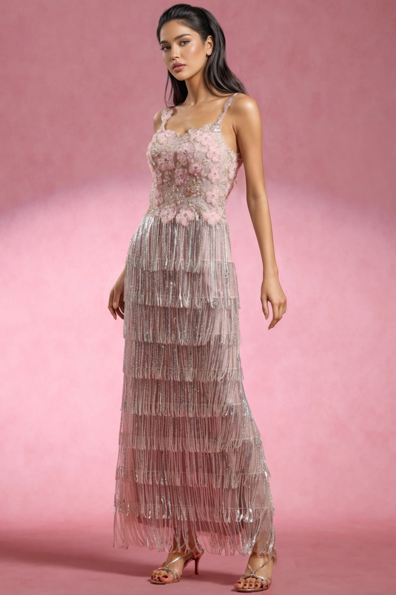 Riala Sleeveless Flowers Diamond Tassels Maxi Dress