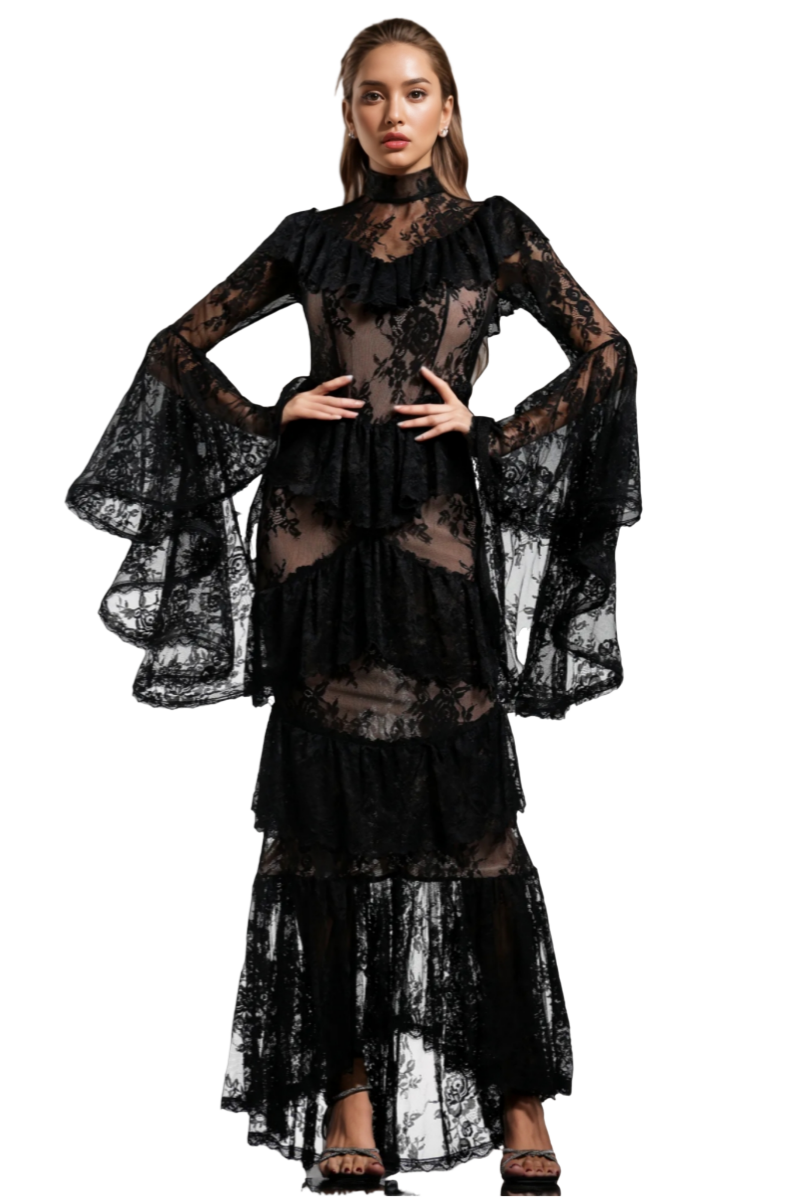 Opala Long Sleeves Flounce Lace Maxi Dress
