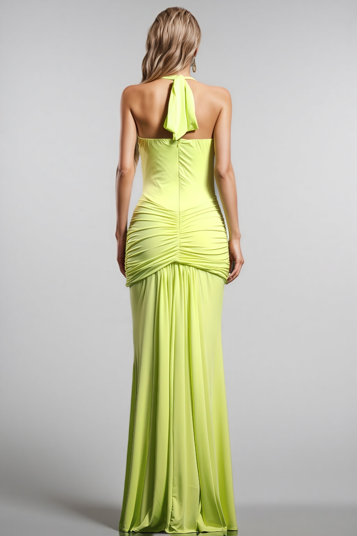 Suly Halter V Neck Wrinkles Green Maxi Dress