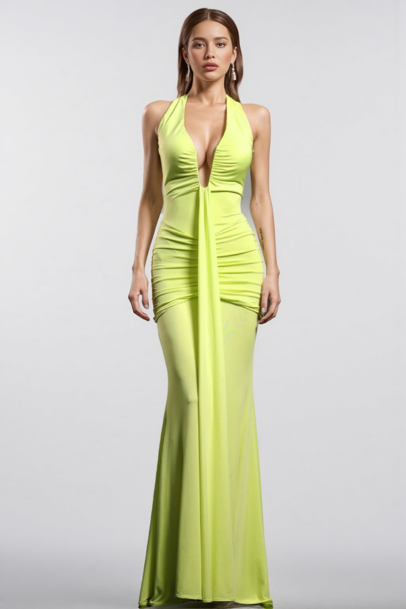 Suly Halter V Neck Wrinkles Green Maxi Dress