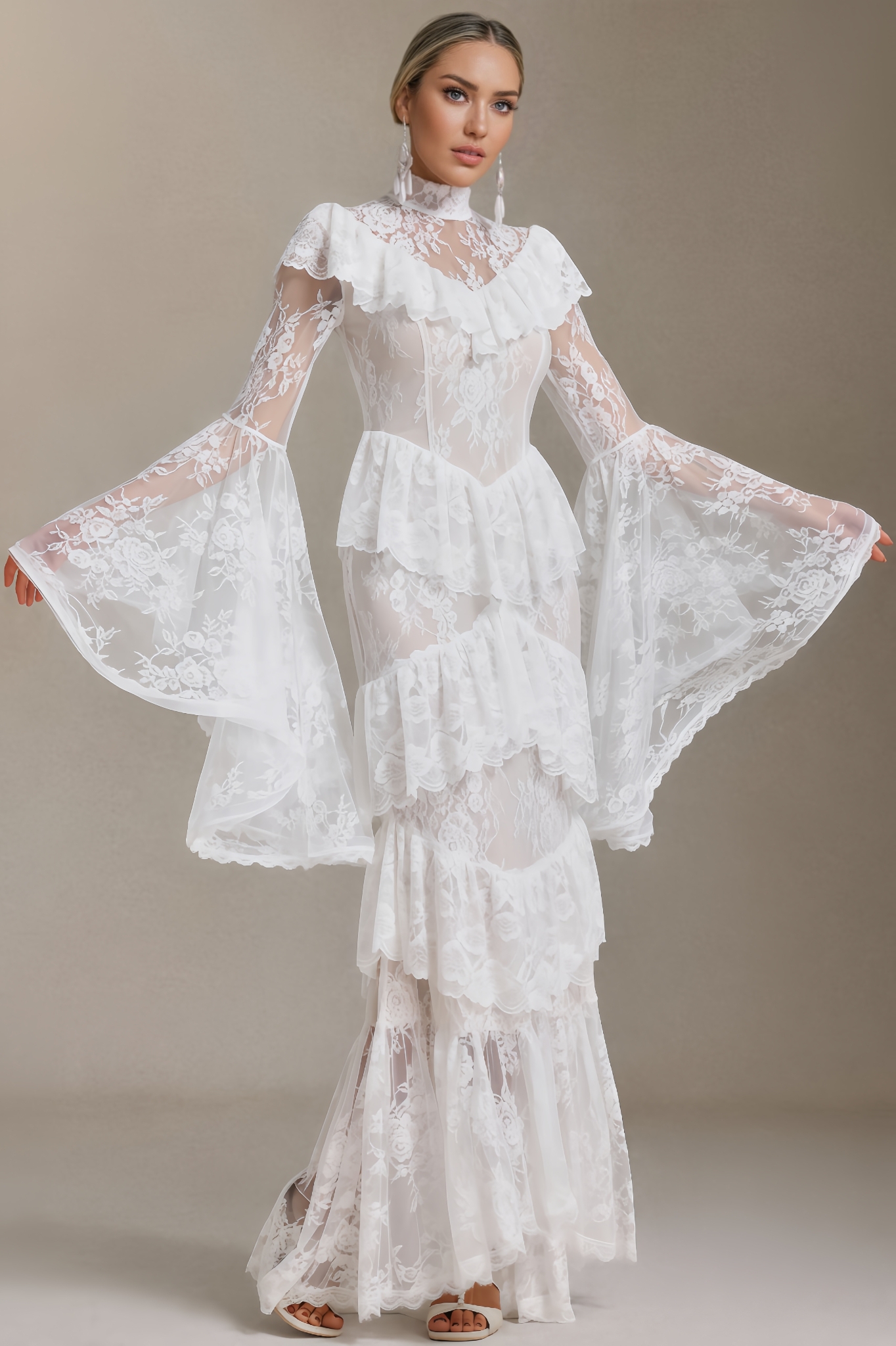 Prynn Long-Sleeved Flounce Lace Maxi Dress