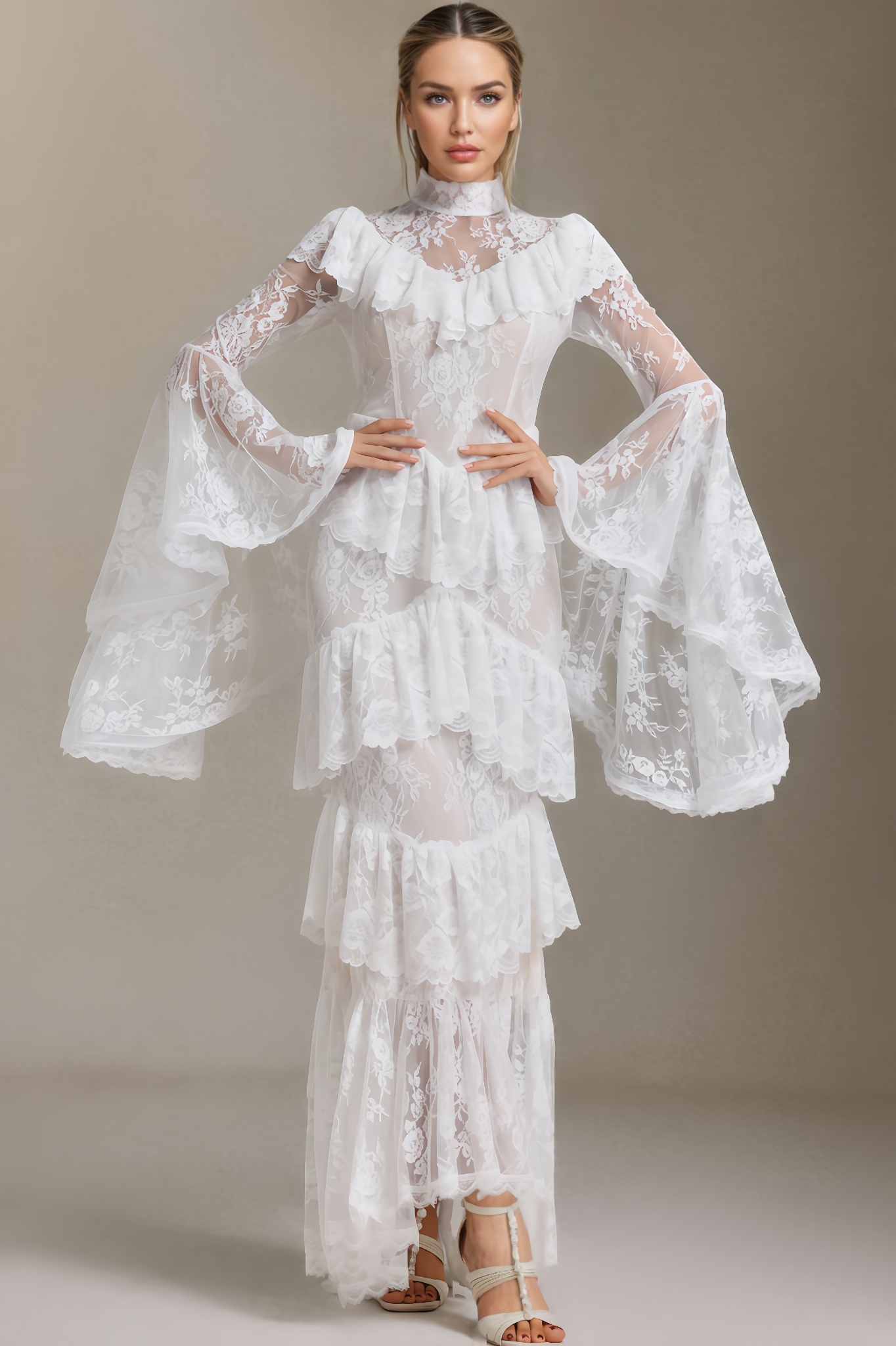 Prynn Long-Sleeved Flounce Lace Maxi Dress