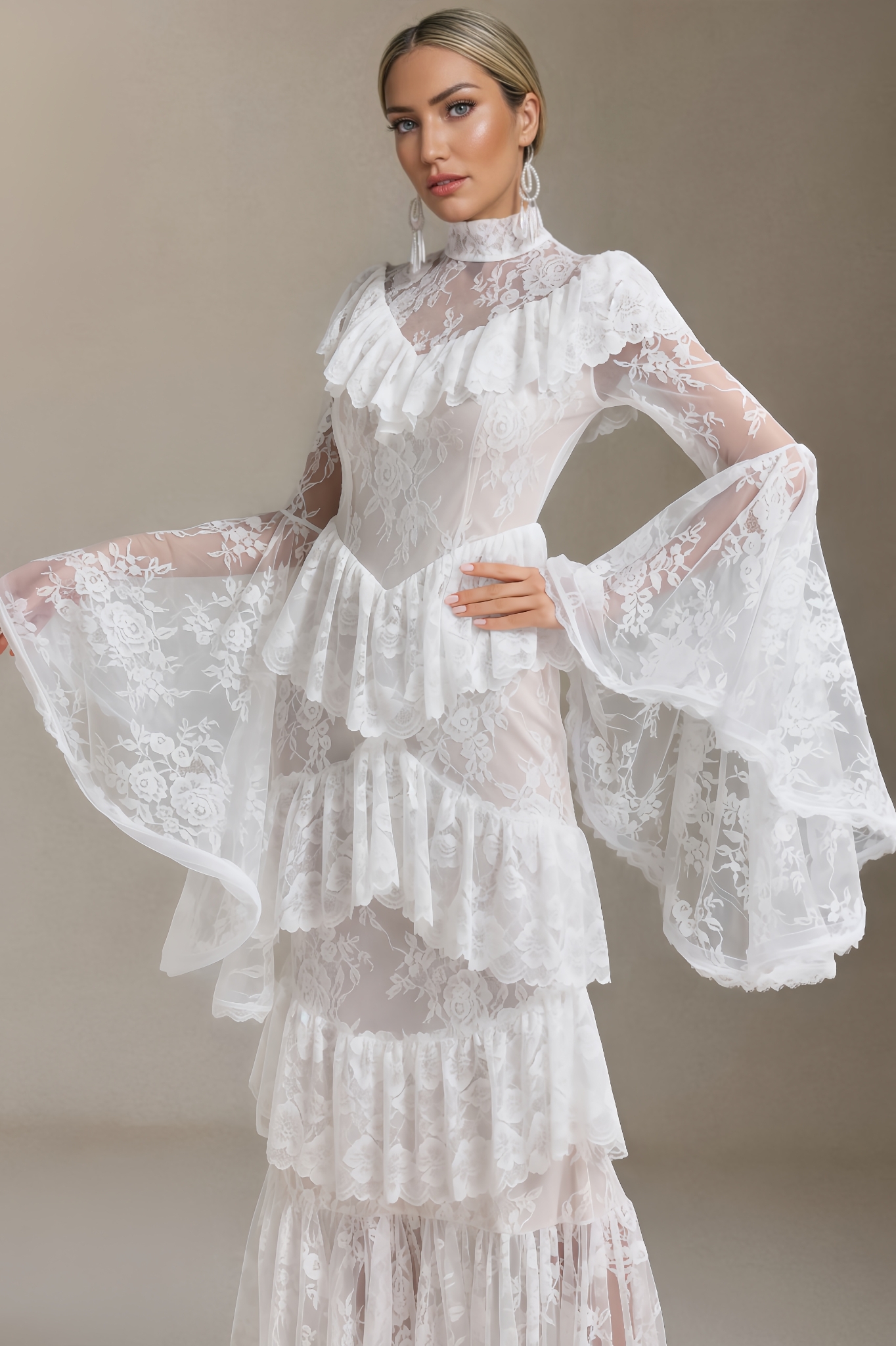 Prynn Long-Sleeved Flounce Lace Maxi Dress