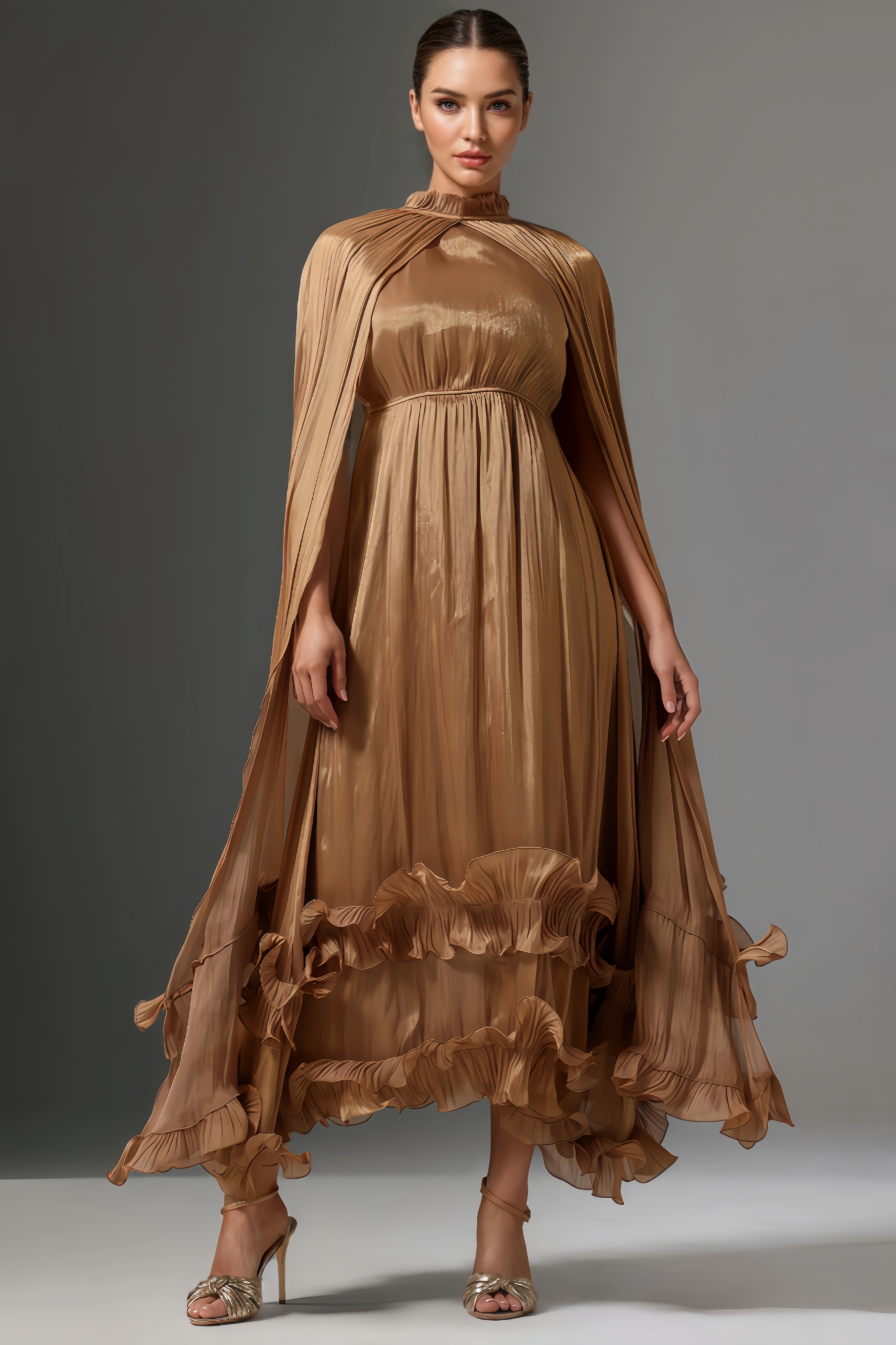 Nita High Neck Cape Tie Ruffle Pleated Maxi Dress