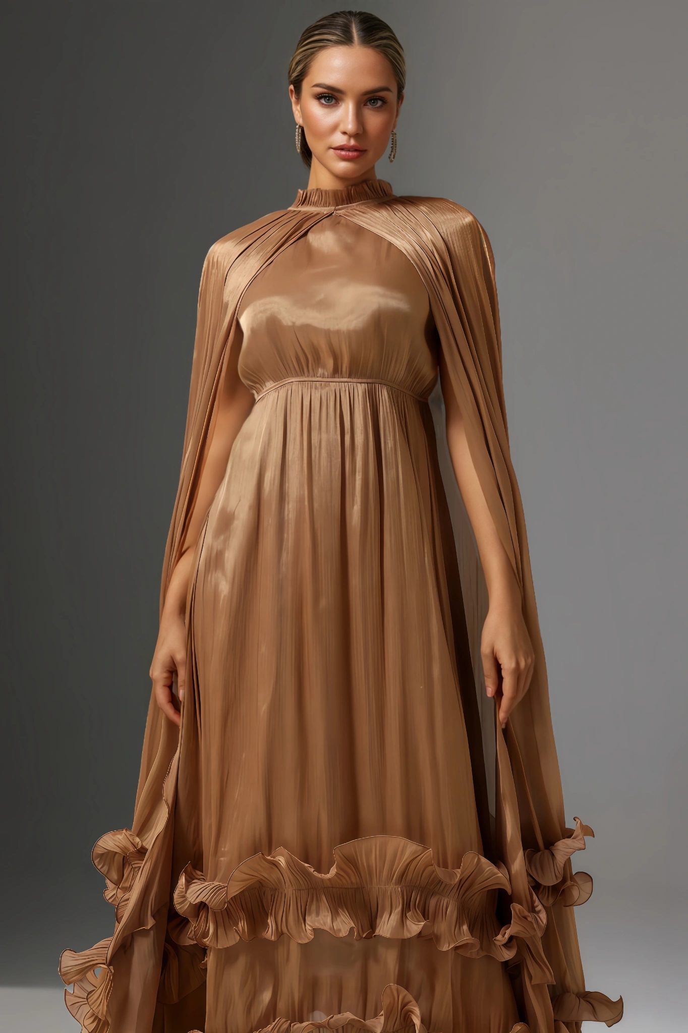 Nita High Neck Cape Tie Ruffle Pleated Maxi Dress