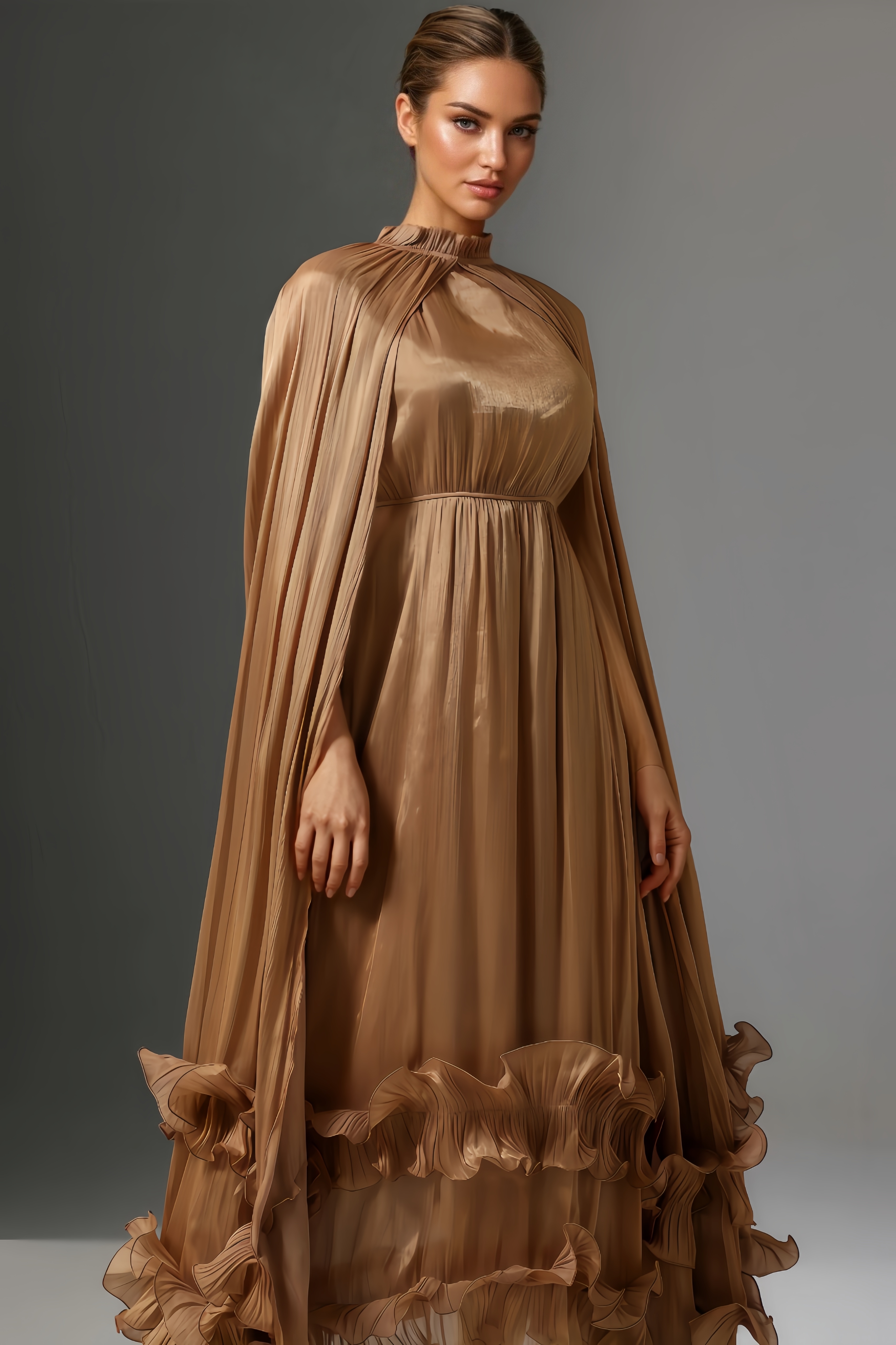 Nita High Neck Cape Tie Ruffle Pleated Maxi Dress
