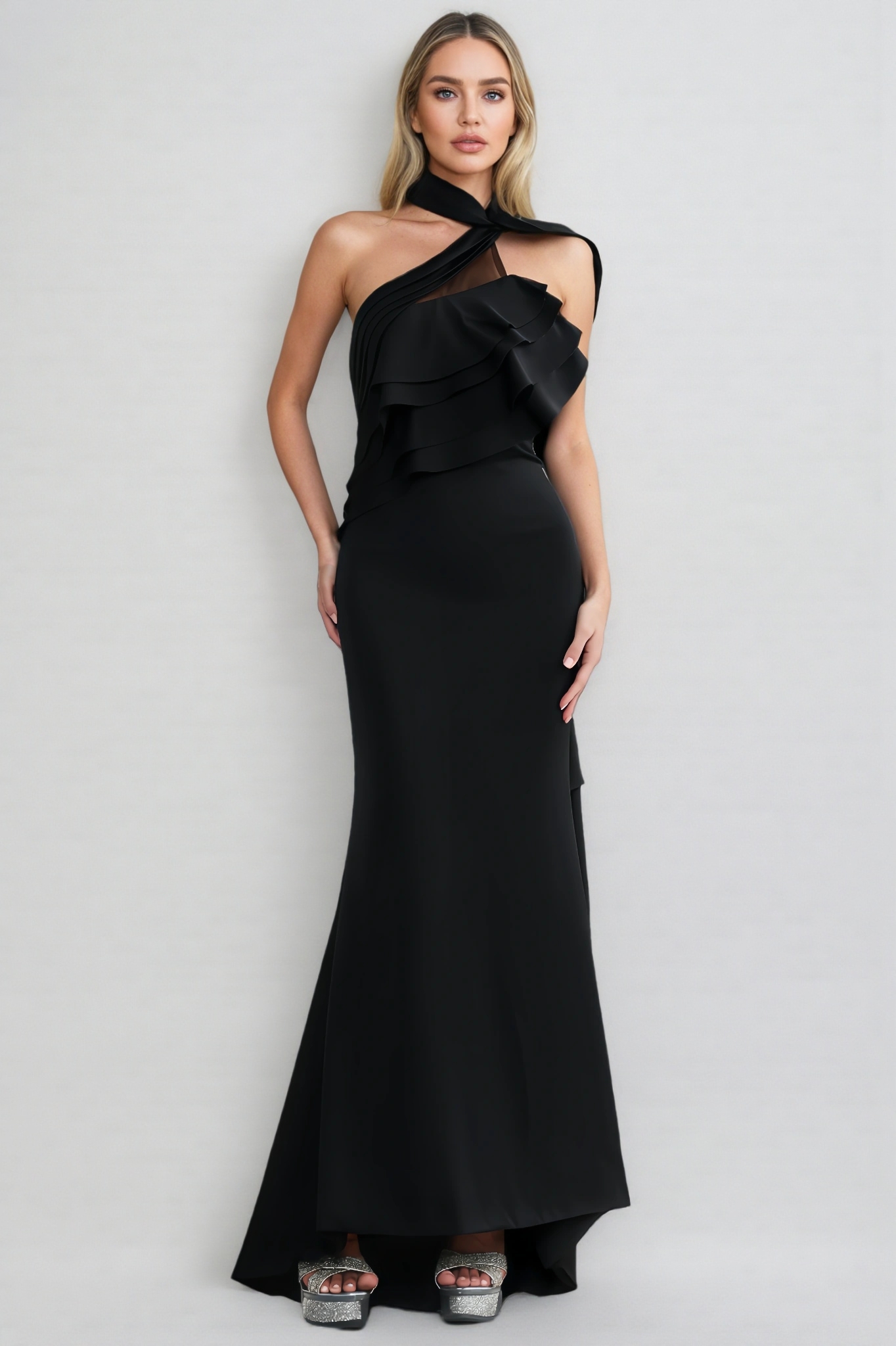 Jonilt Sleeveless Halter Flounce Maxi Dress