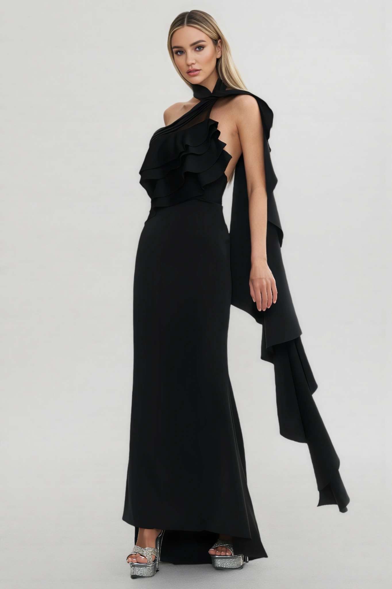 Jonilt Sleeveless Halter Flounce Maxi Dress