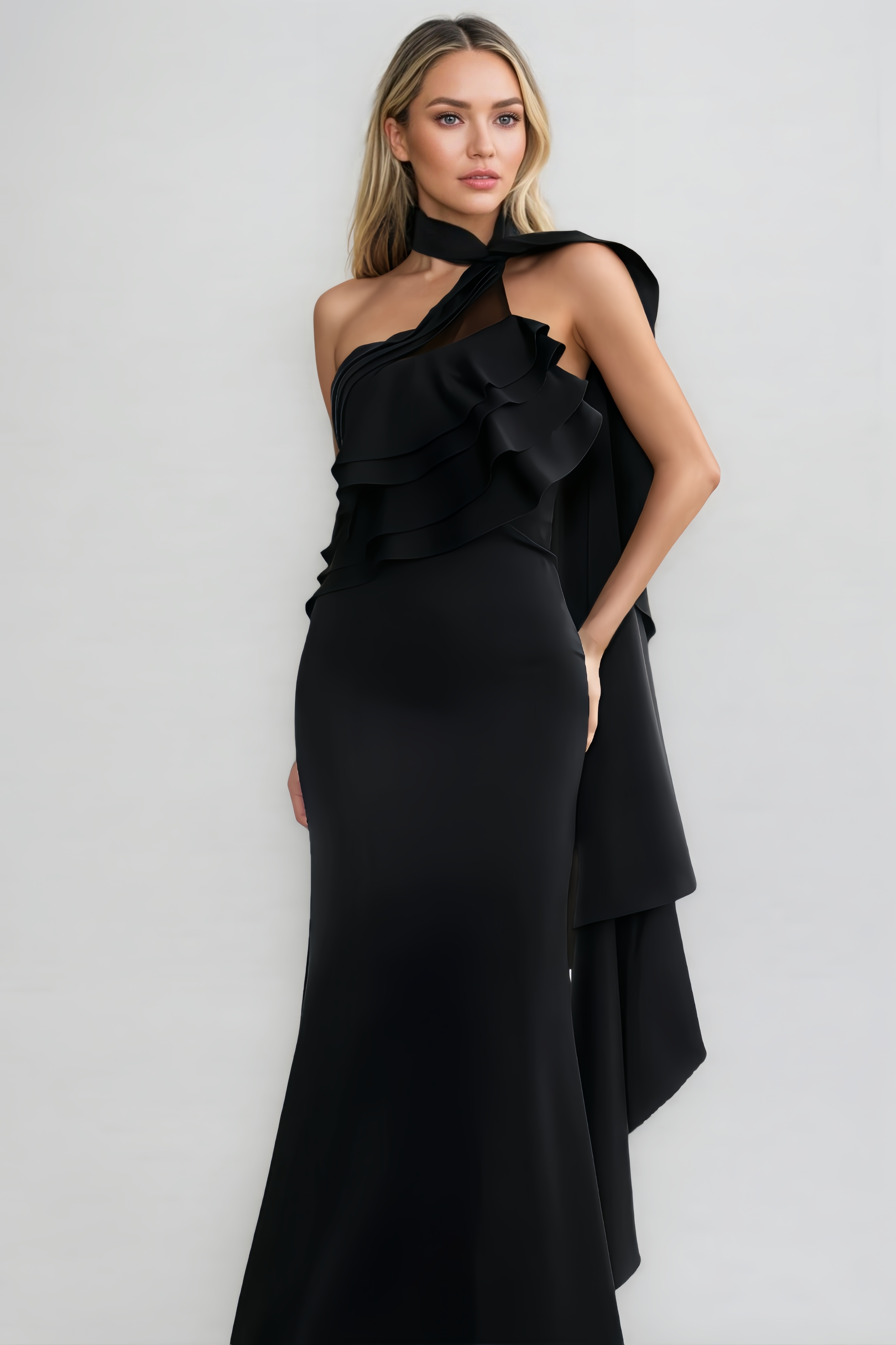 Jonilt Sleeveless Halter Flounce Maxi Dress