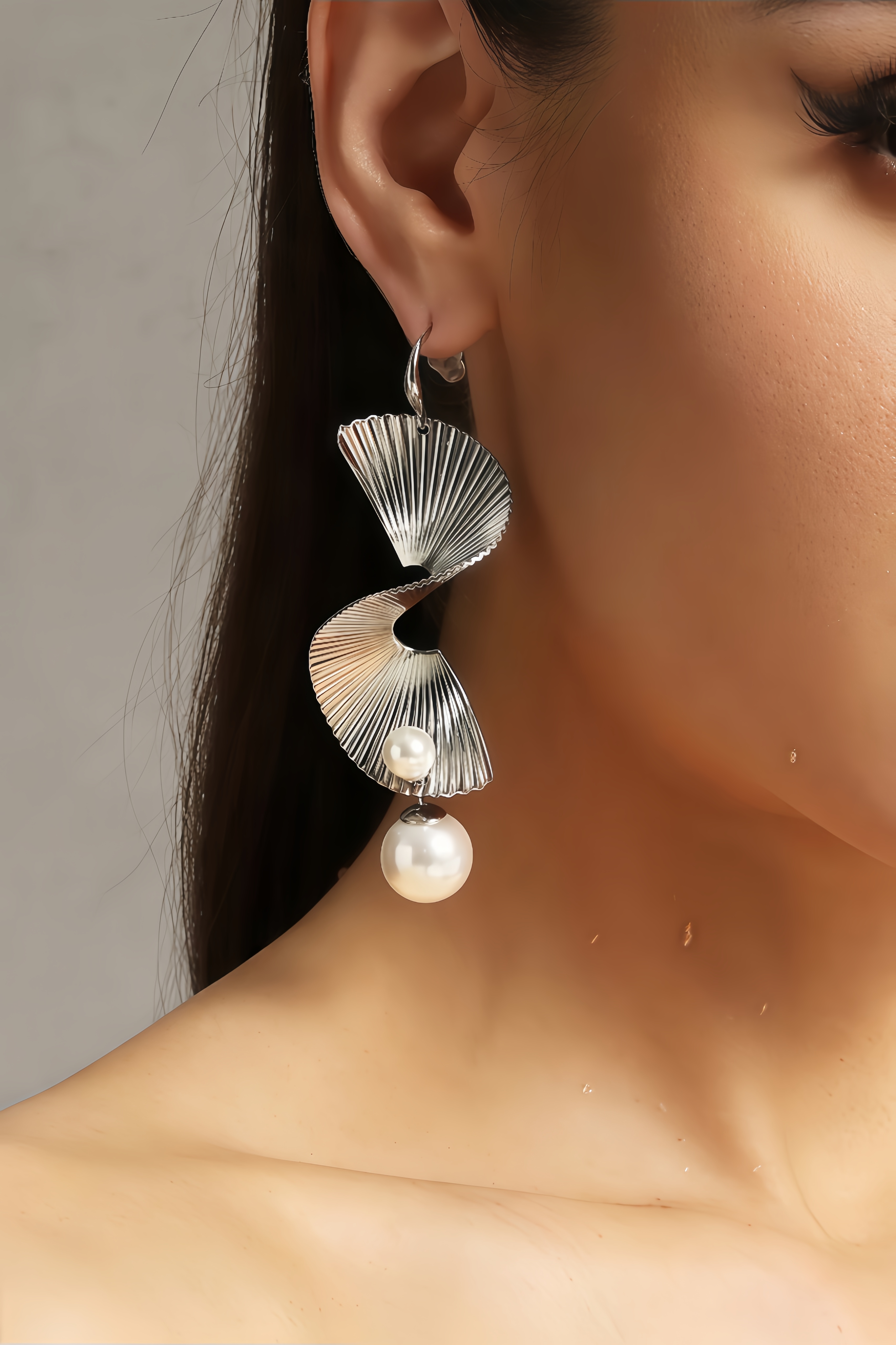 Calliope Wave-Sector Pearl Tassels Silver Earrings