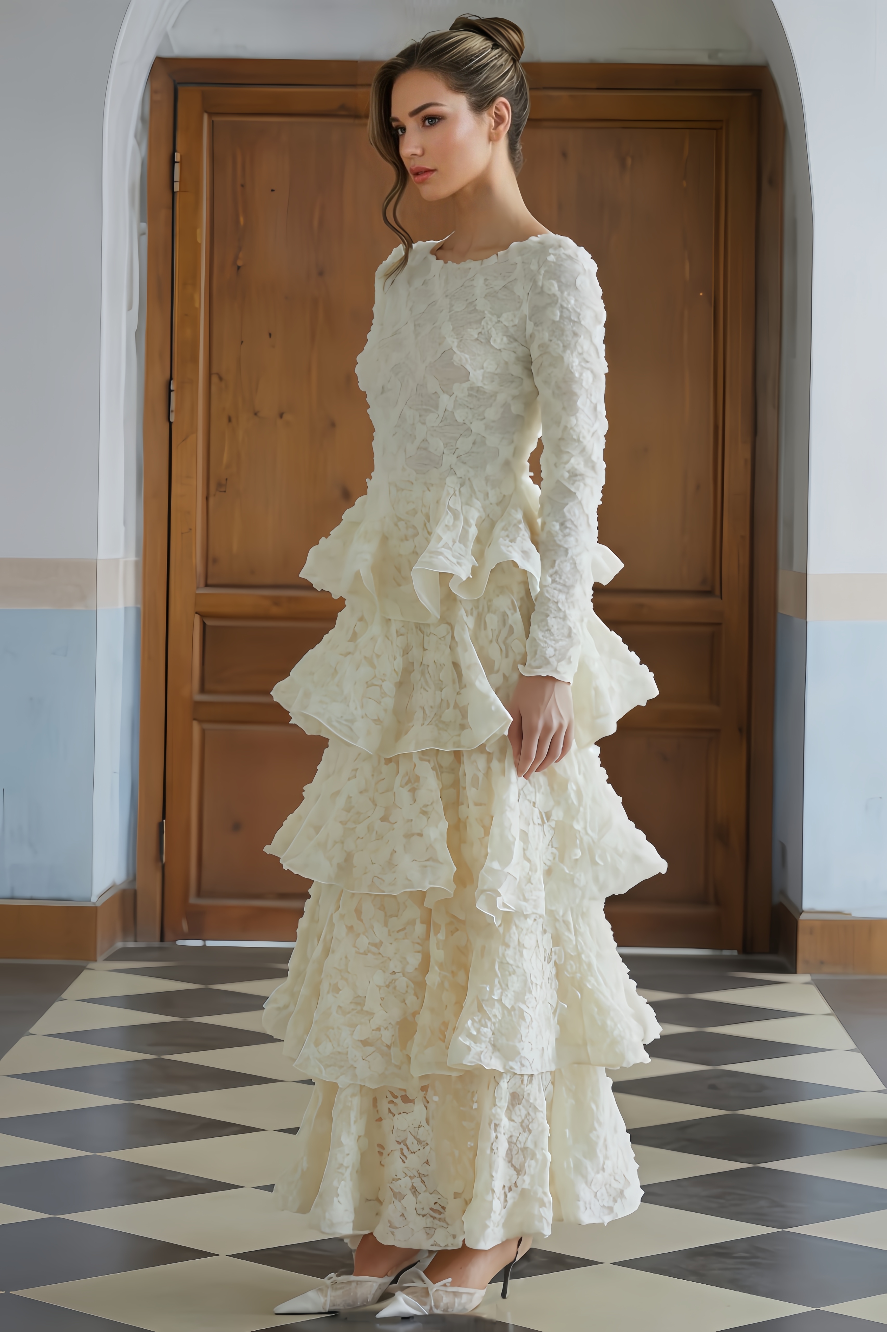 Sama Neutral Tiered Floral Lace Maxi Dress