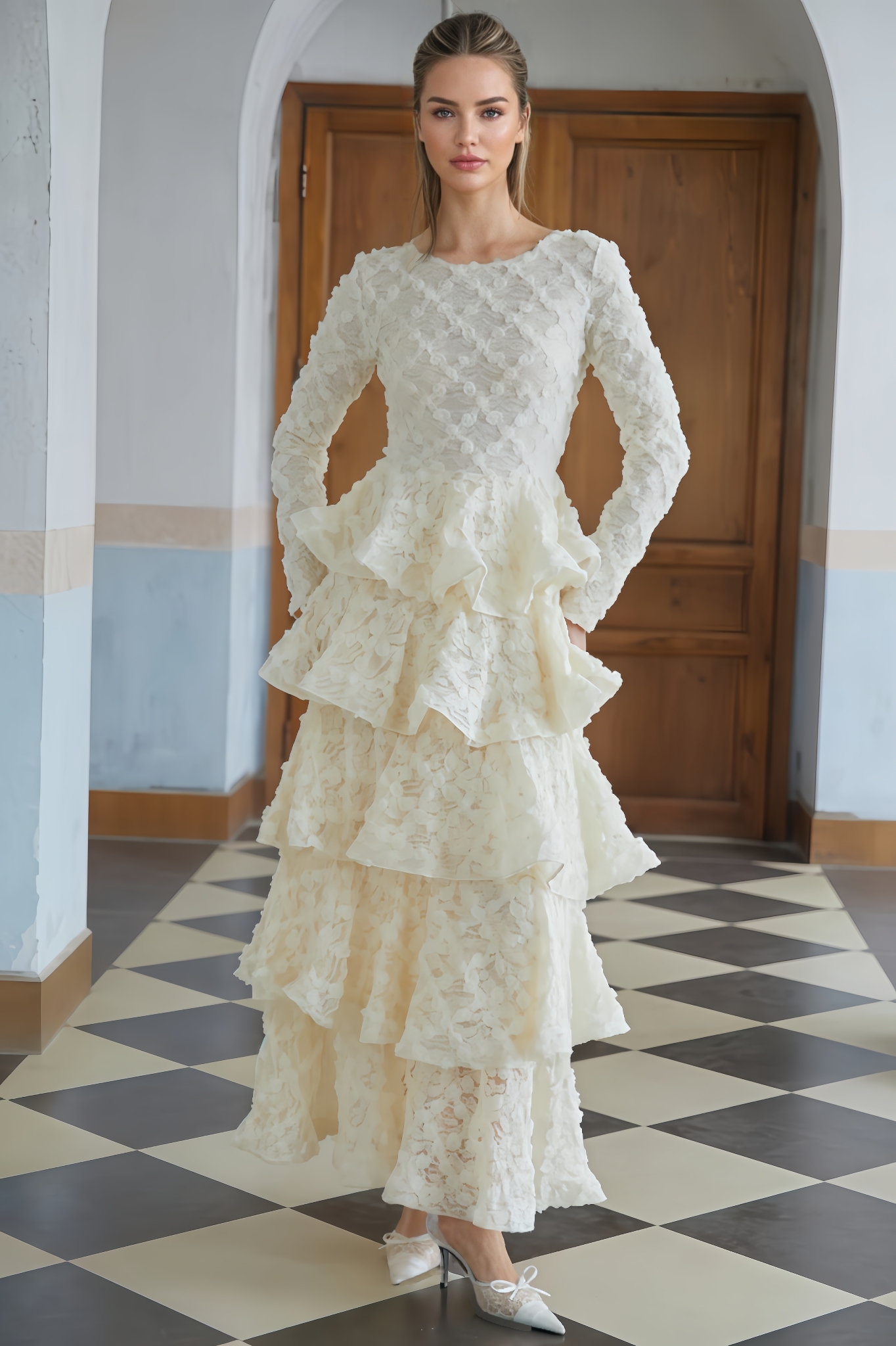 Sama Neutral Tiered Floral Lace Maxi Dress