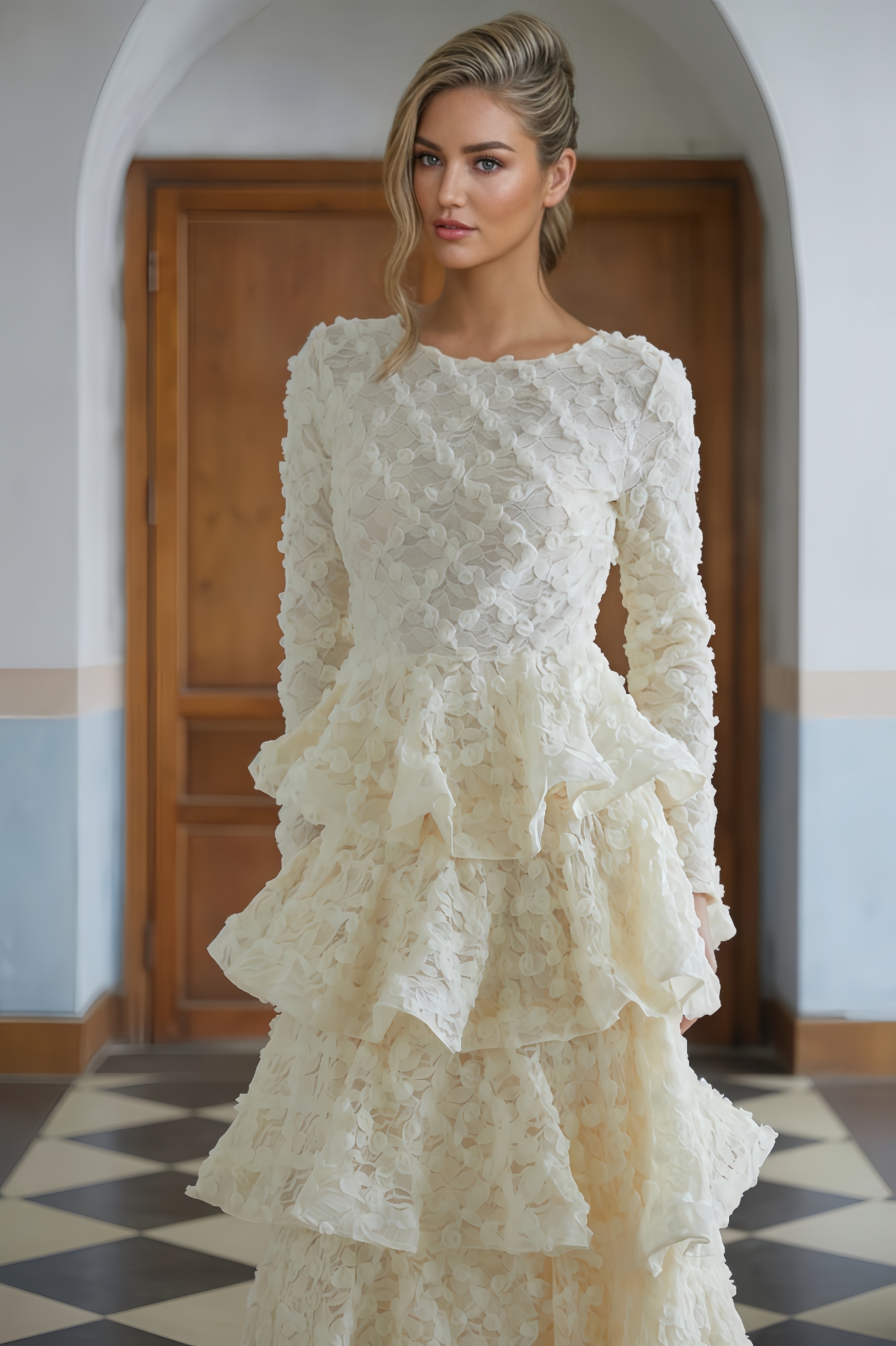 Sama Neutral Tiered Floral Lace Maxi Dress