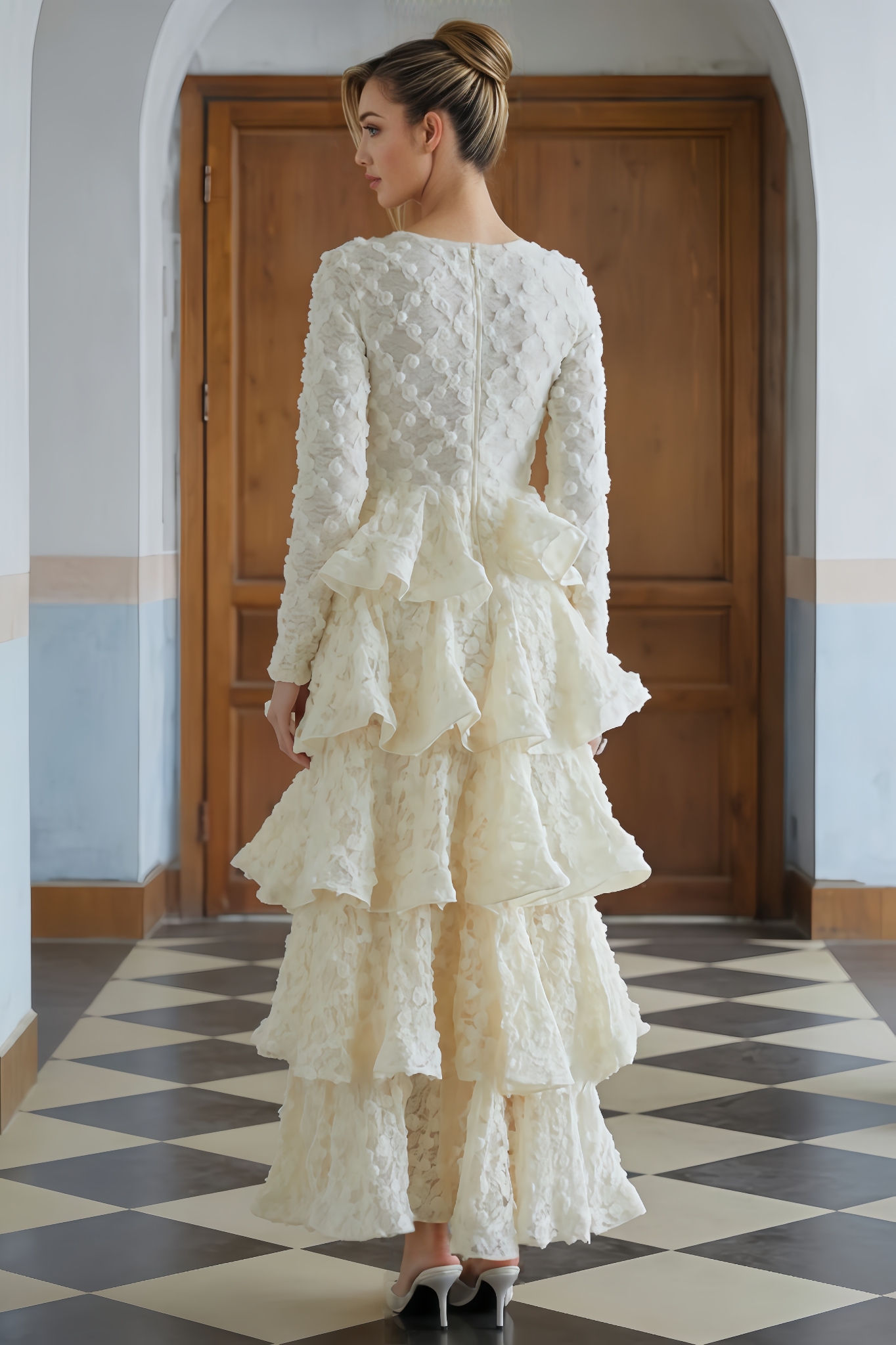 Sama Neutral Tiered Floral Lace Maxi Dress