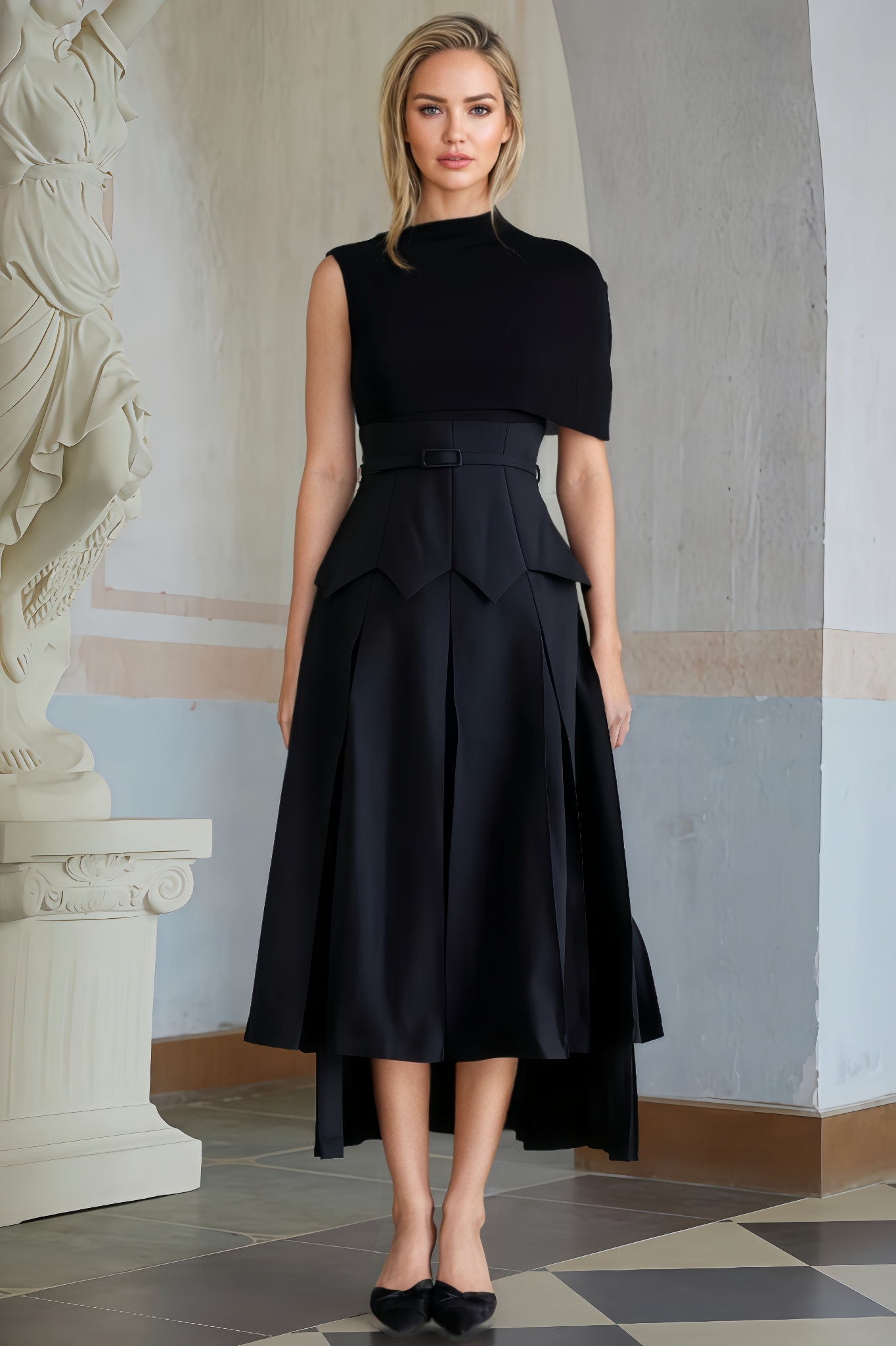 Ellis Asymmetrical Shawl Layered Midi Dress