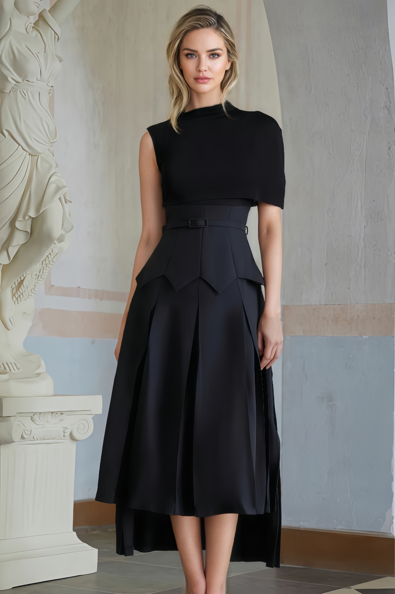 Ellis Asymmetrical Shawl Layered Midi Dress