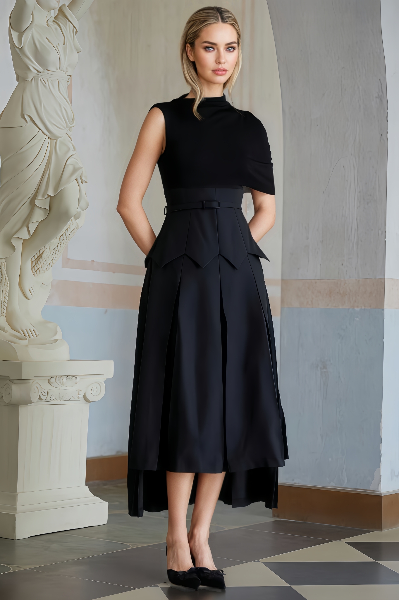 Ellis Asymmetrical Shawl Layered Midi Dress