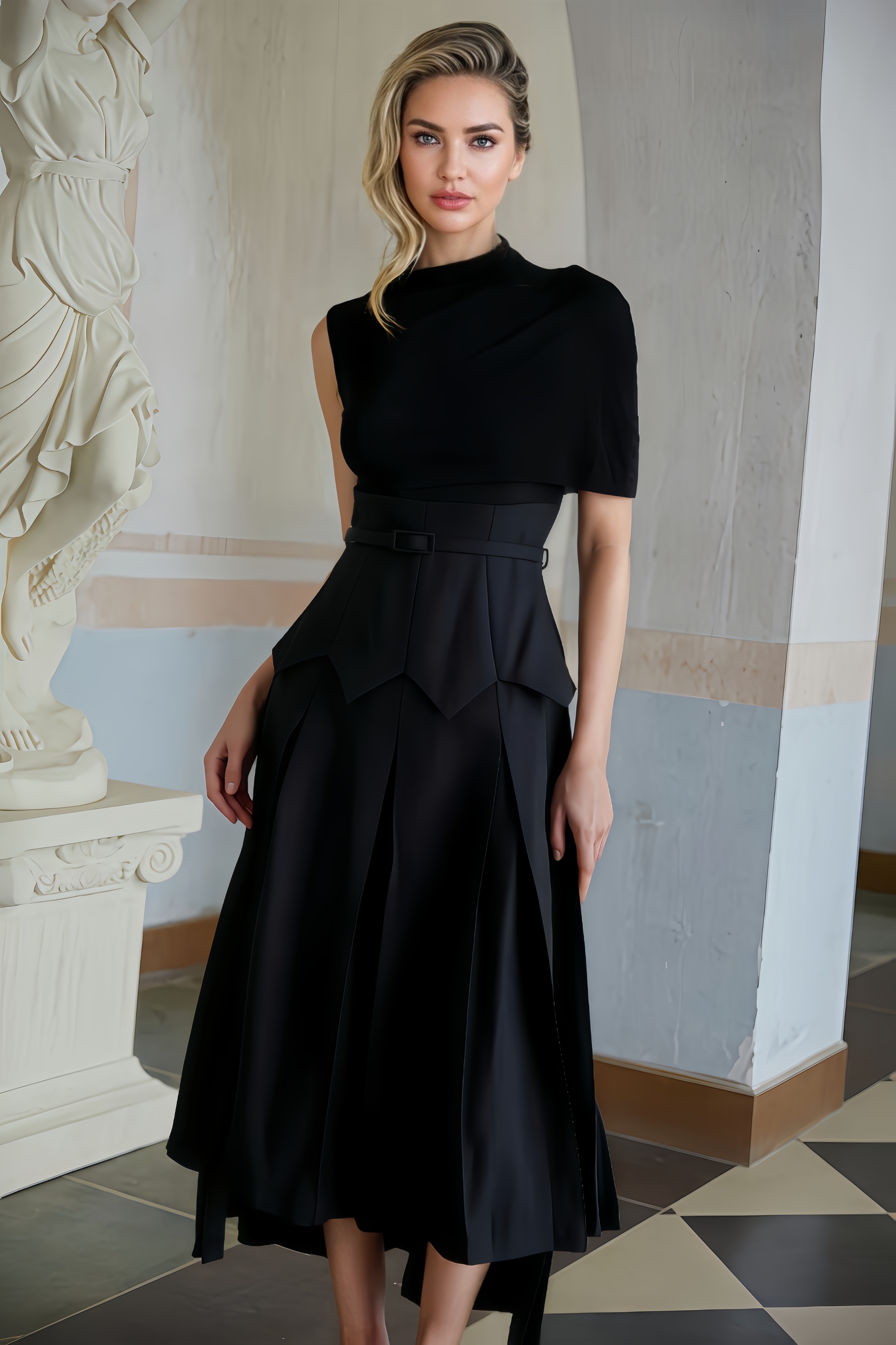 Ellis Asymmetrical Shawl Layered Midi Dress