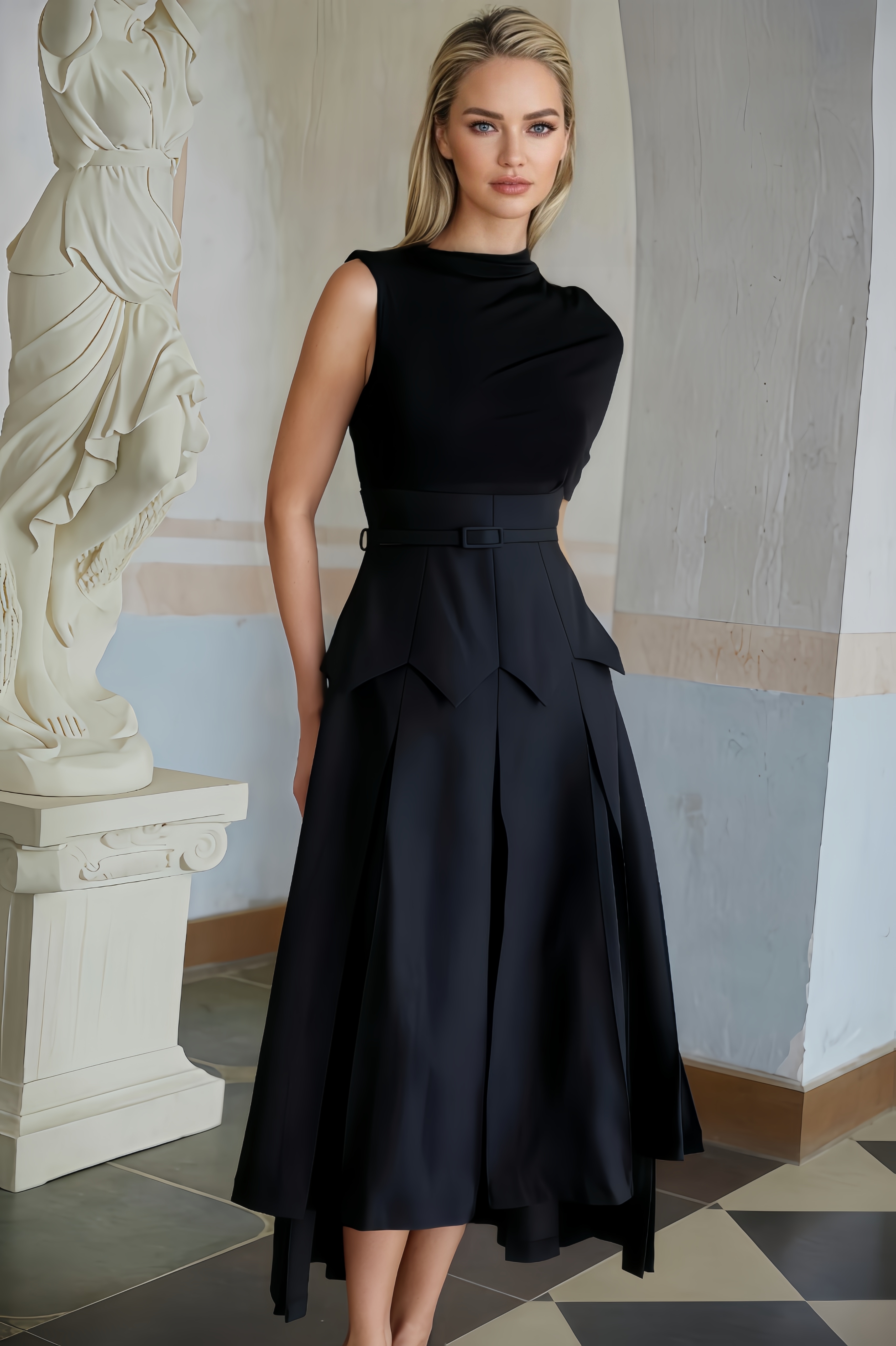 Ellis Asymmetrical Shawl Layered Midi Dress