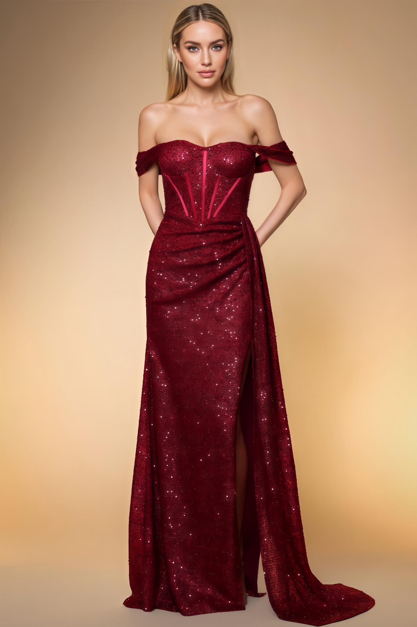 Corek Off-Shoulder Corset Sequined Maxi Dress