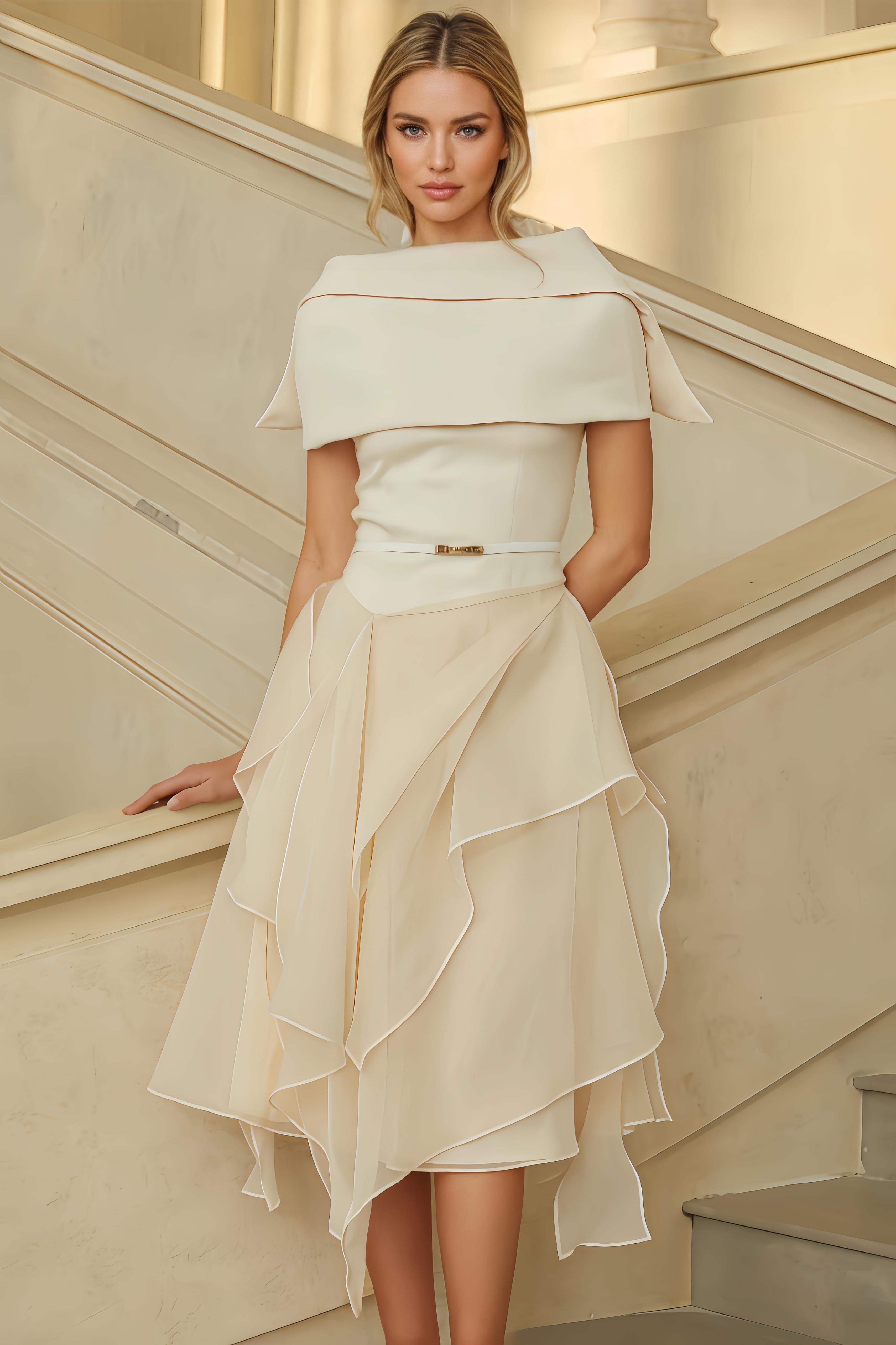 Vali Asymmetrical Shawl & Tulle Panel Dress Set