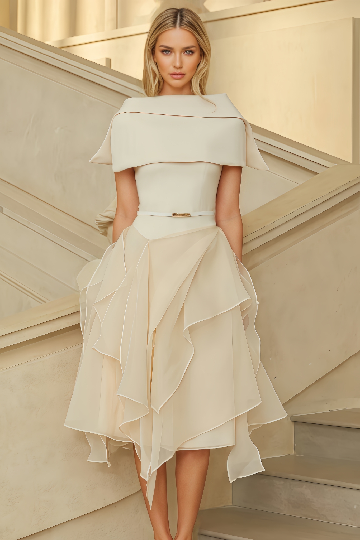 Vali Asymmetrical Shawl & Tulle Panel Dress Set