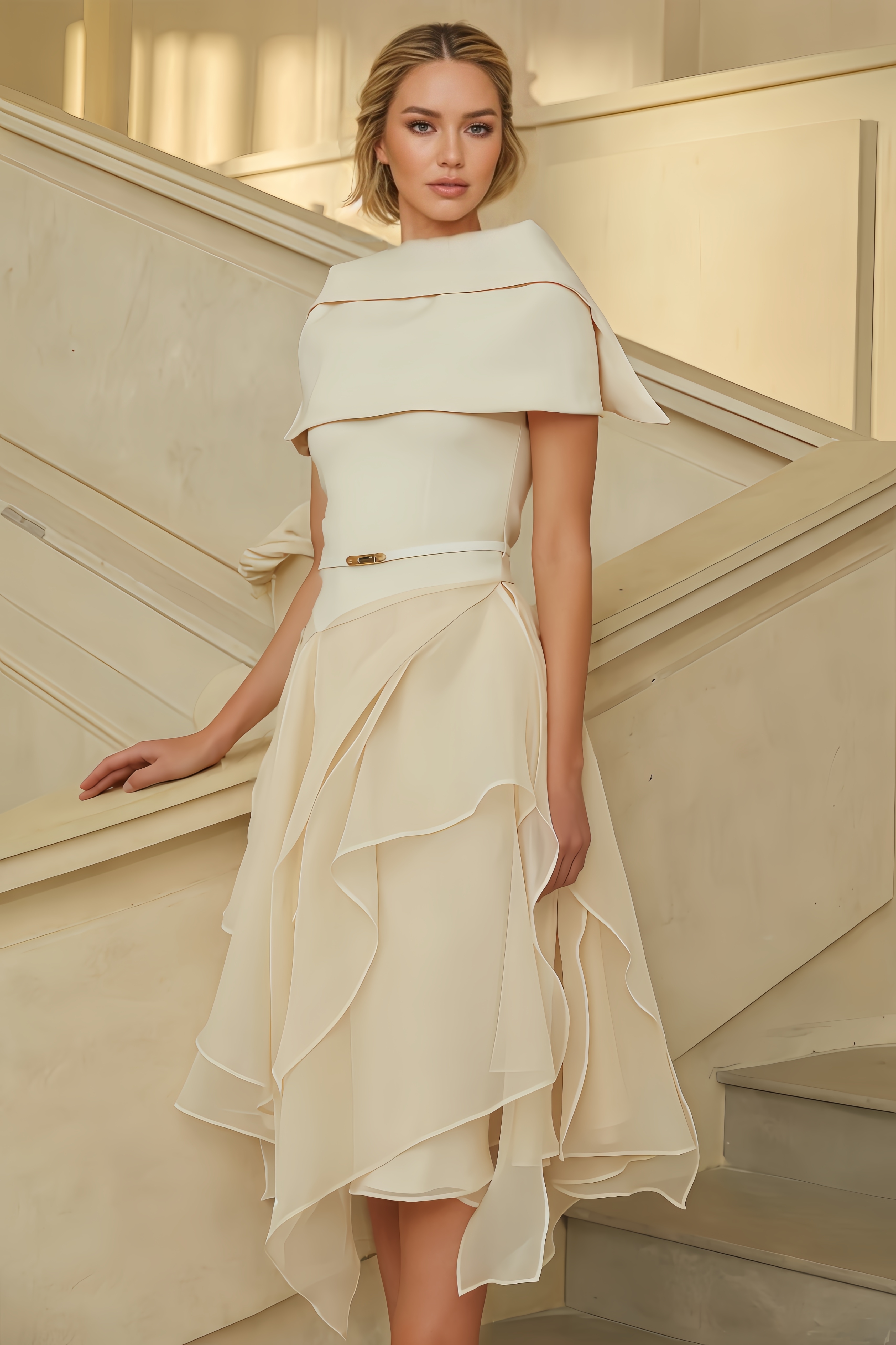 Vali Asymmetrical Shawl & Tulle Panel Dress Set