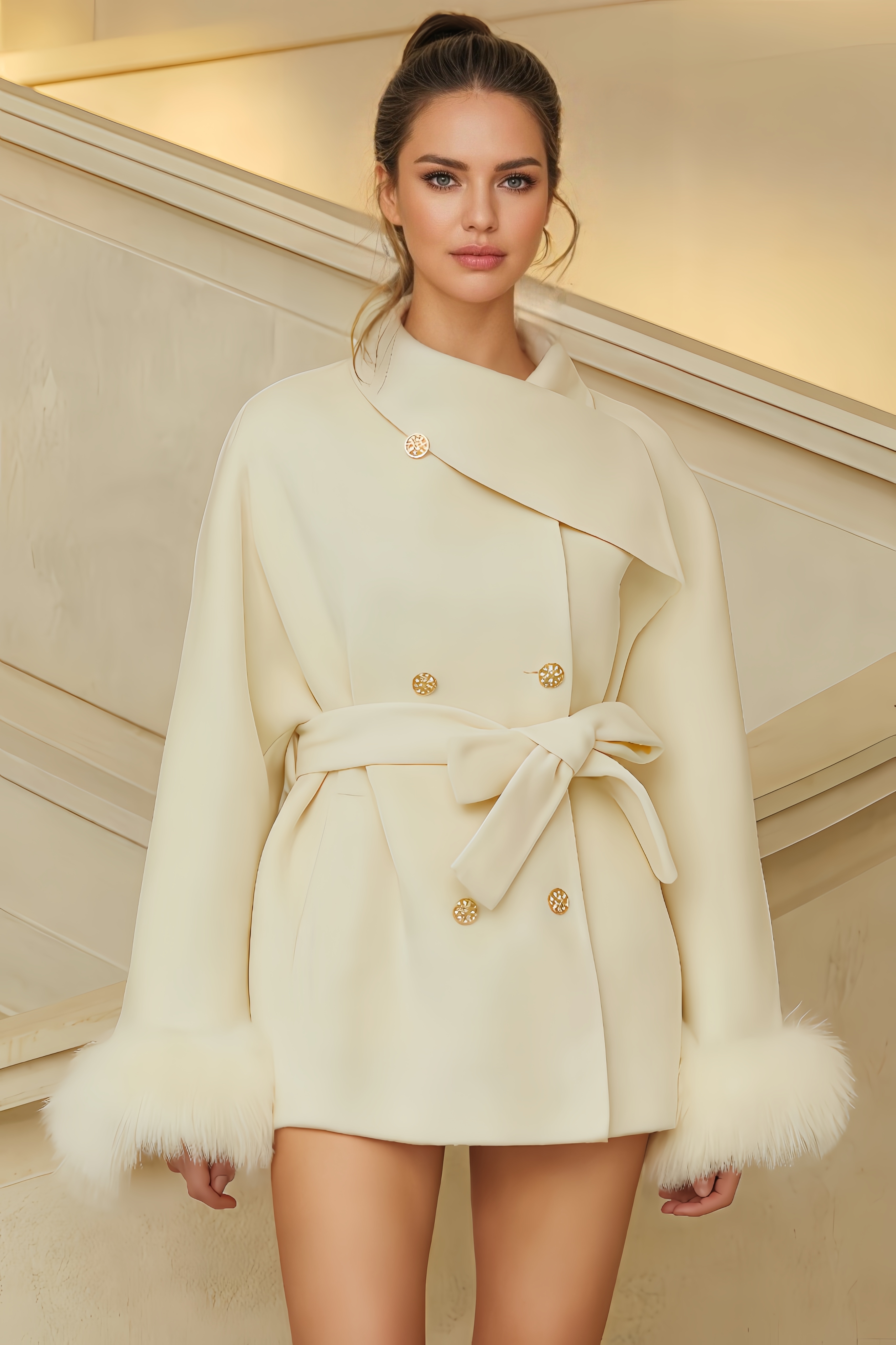 Rivend Fur Trim Double-Breasted Wool Mini Dress