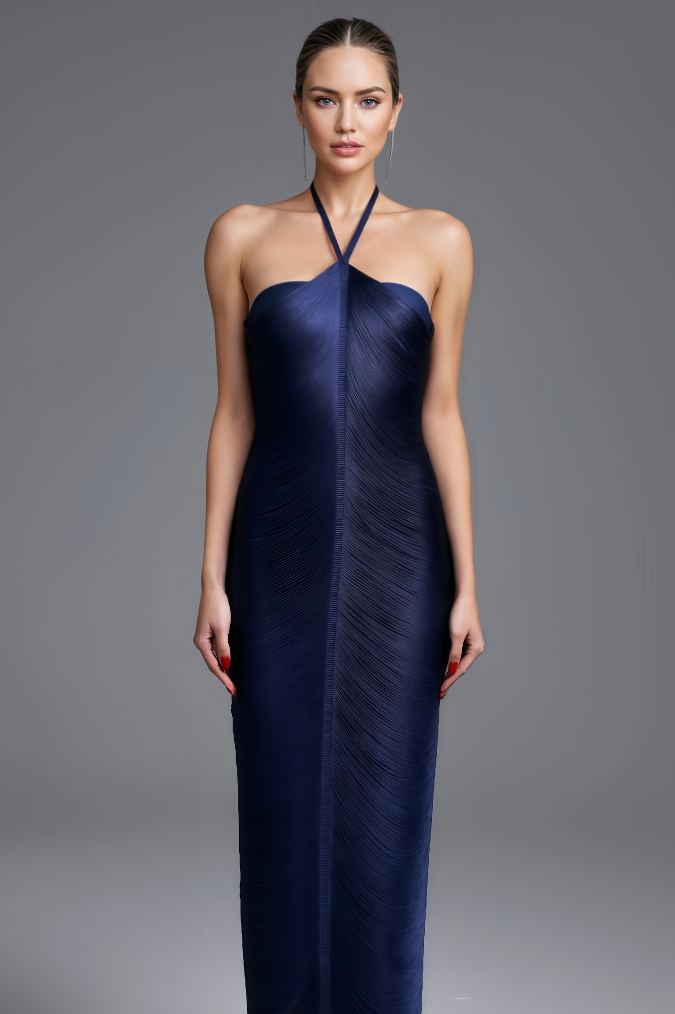 Saige Classic Contour Halter Fringe Maxi Dress