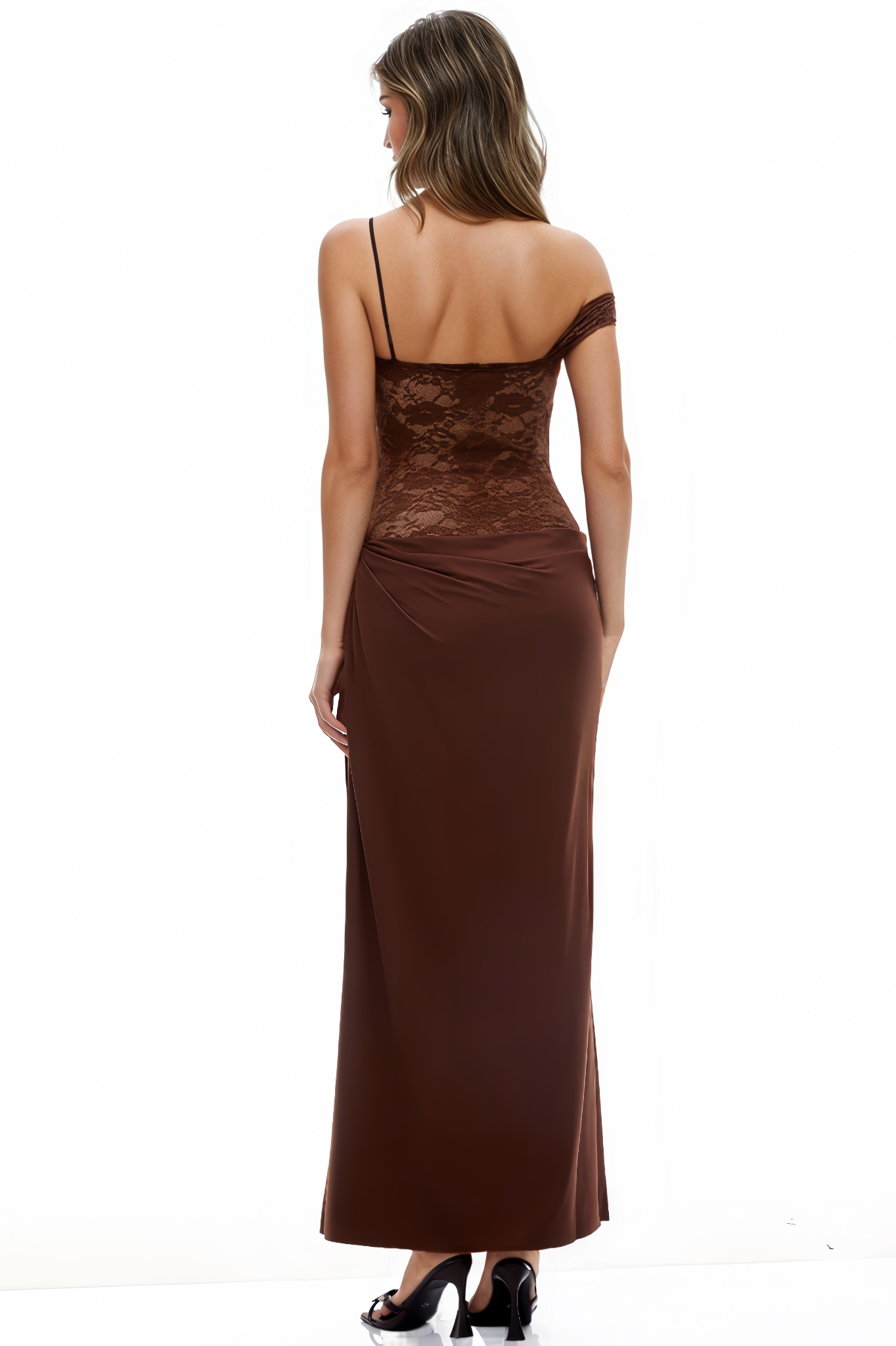 Elleri Lace Panel Asymmetrical Maxi Dress