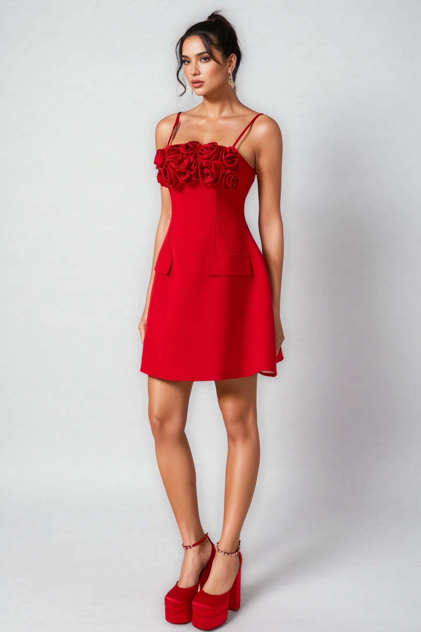 Thisbe 3D Flower Solid Square Neck Mini Dress