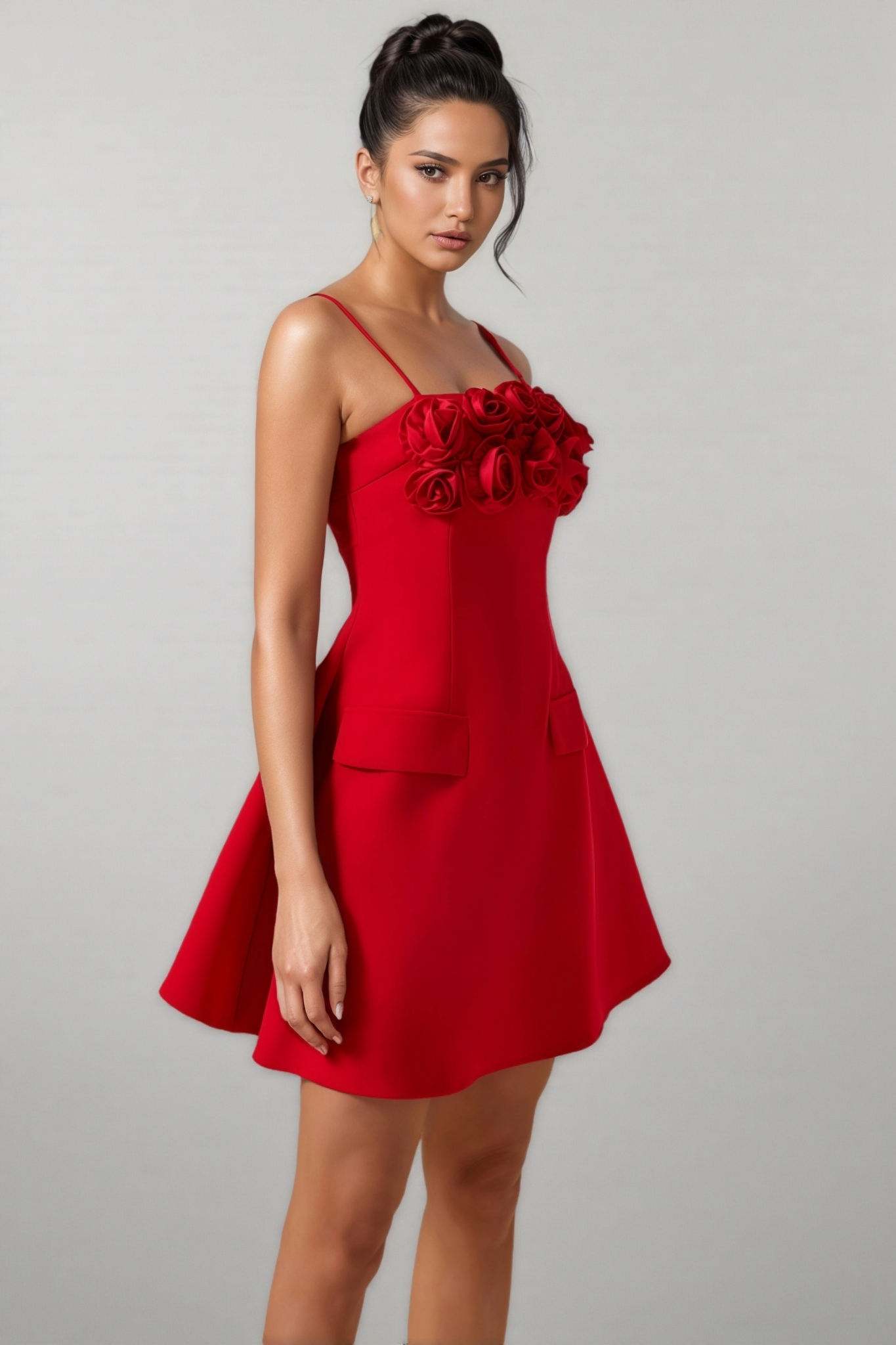 Thisbe 3D Flower Solid Square Neck Mini Dress