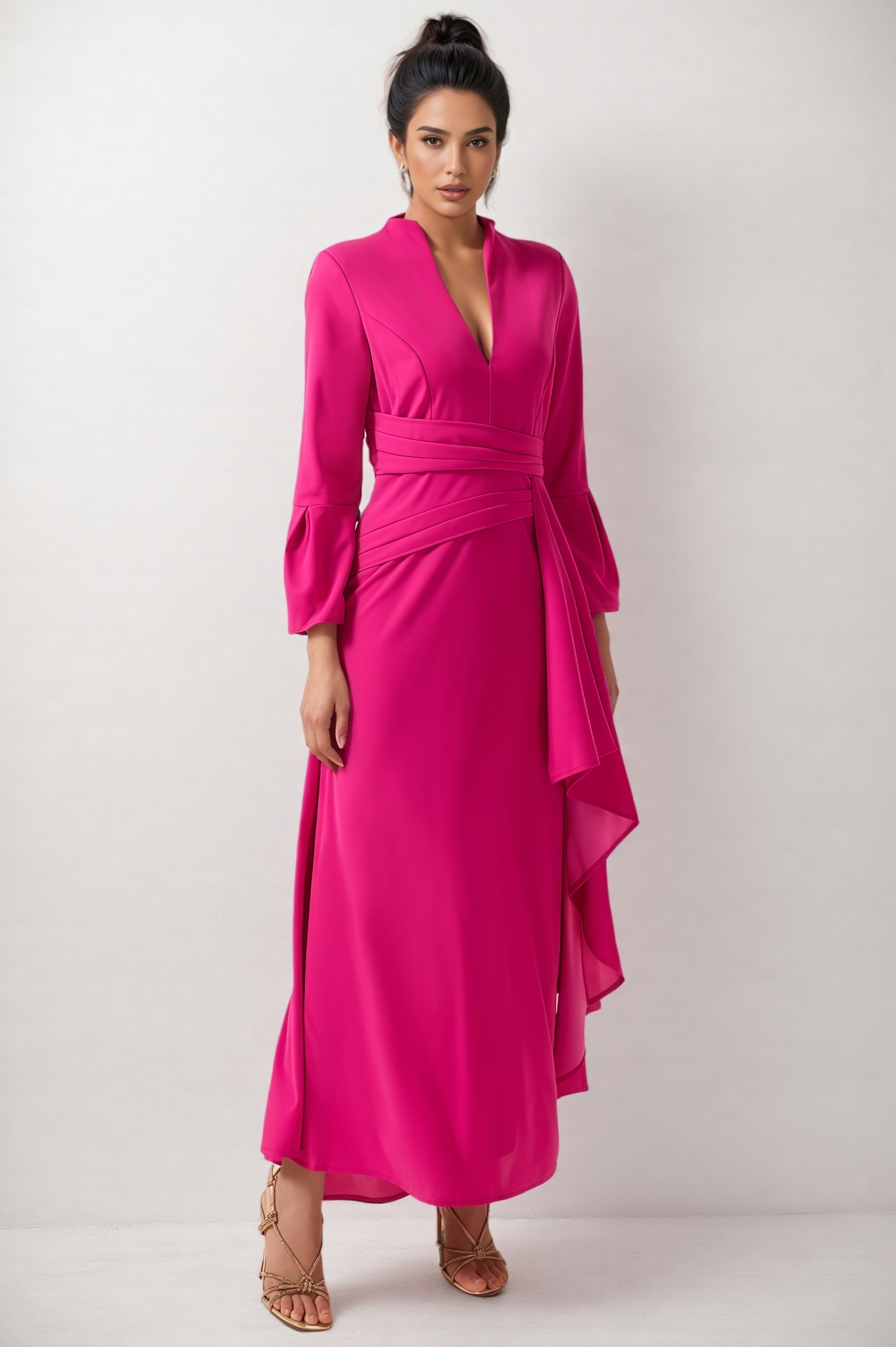 Indra Solid Pleated Split Midi Dress