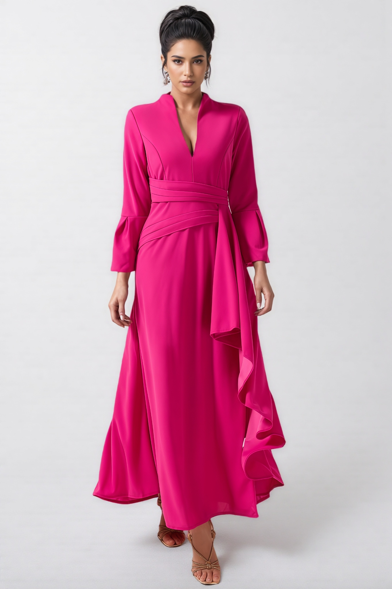 Indra Solid Pleated Split Midi Dress