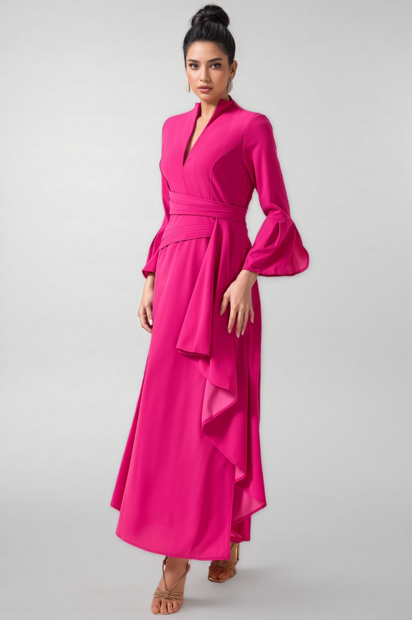 Indra Solid Pleated Split Midi Dress