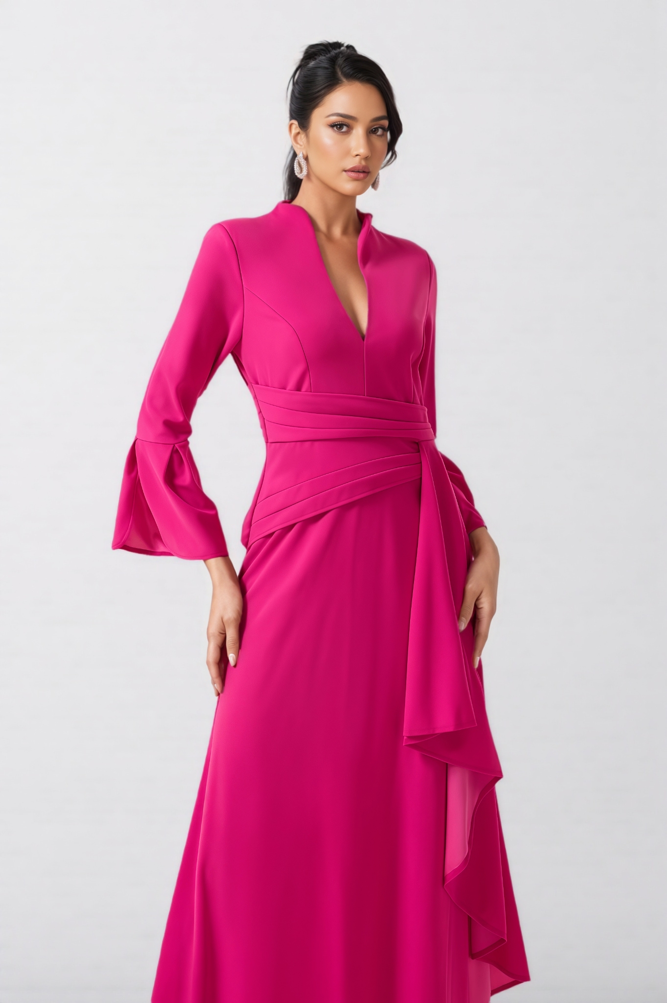 Indra Solid Pleated Split Midi Dress