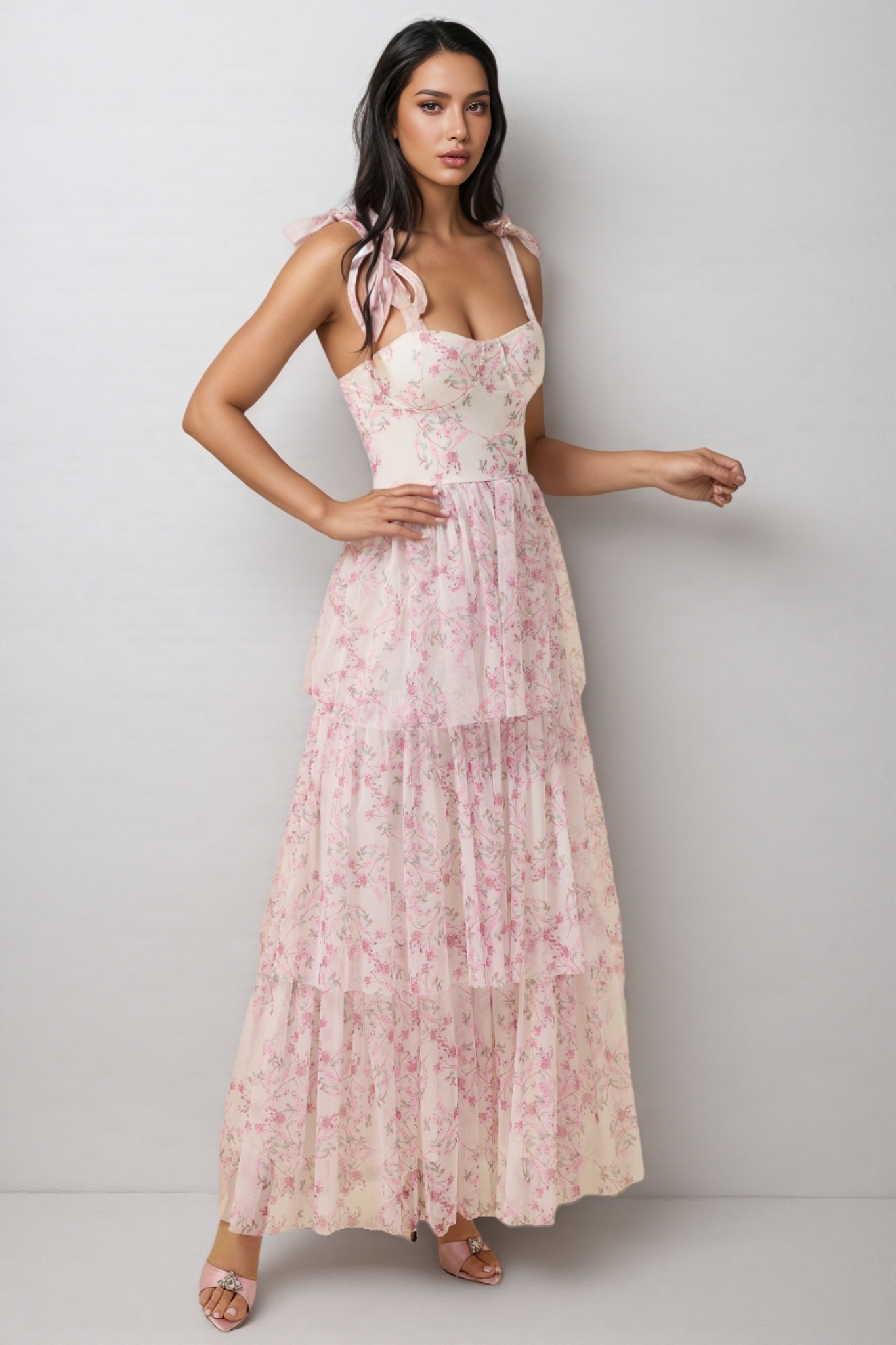 Lindand Floral Lace Up Ruffle Maxi Dress
