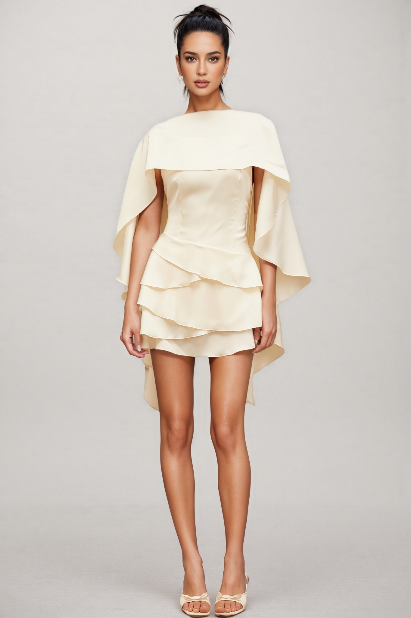 Eclipsk White Shawl Panel Ruffled Satin Mini Dress