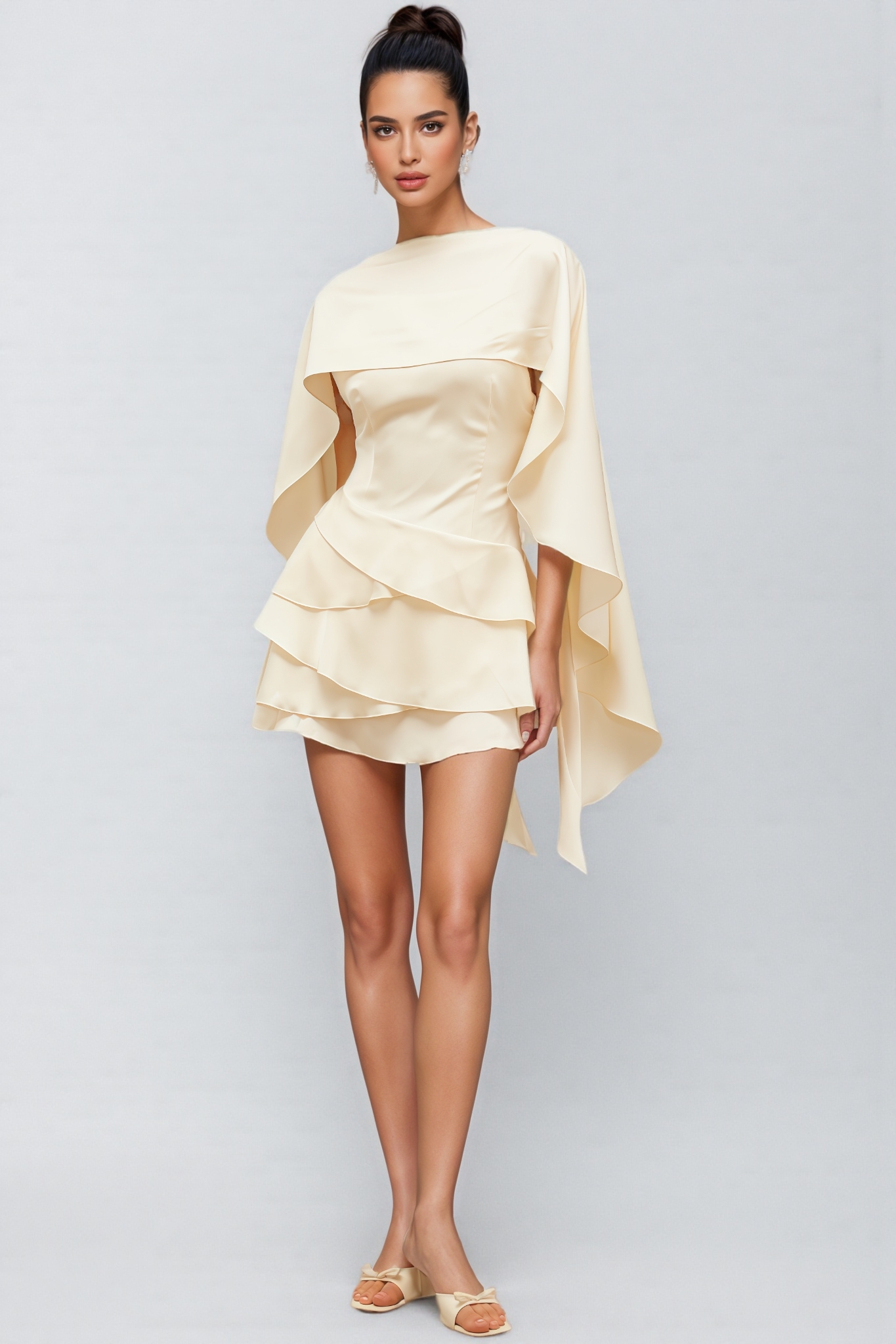 Eclipsk White Shawl Panel Ruffled Satin Mini Dress