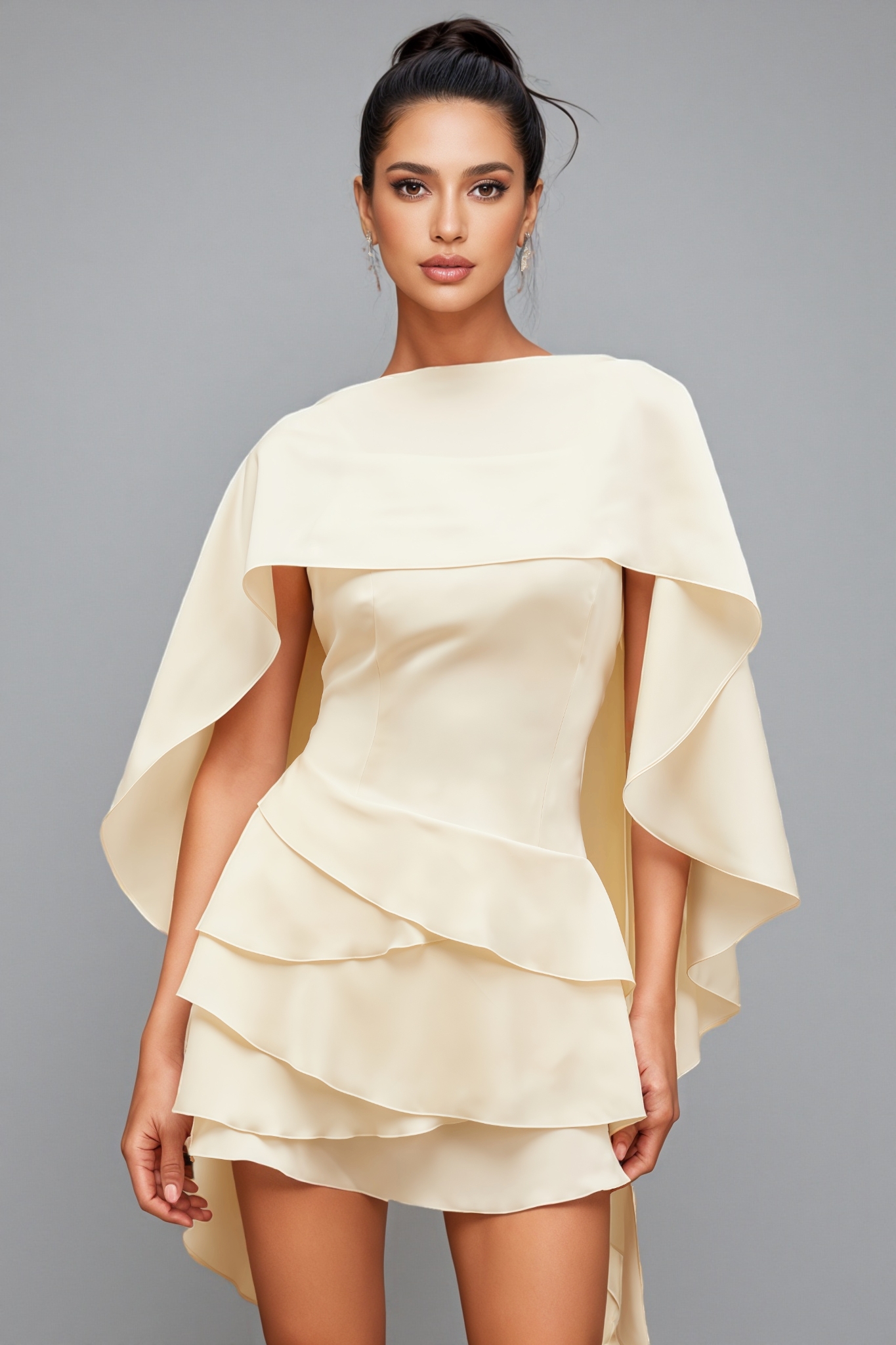 Eclipsk White Shawl Panel Ruffled Satin Mini Dress