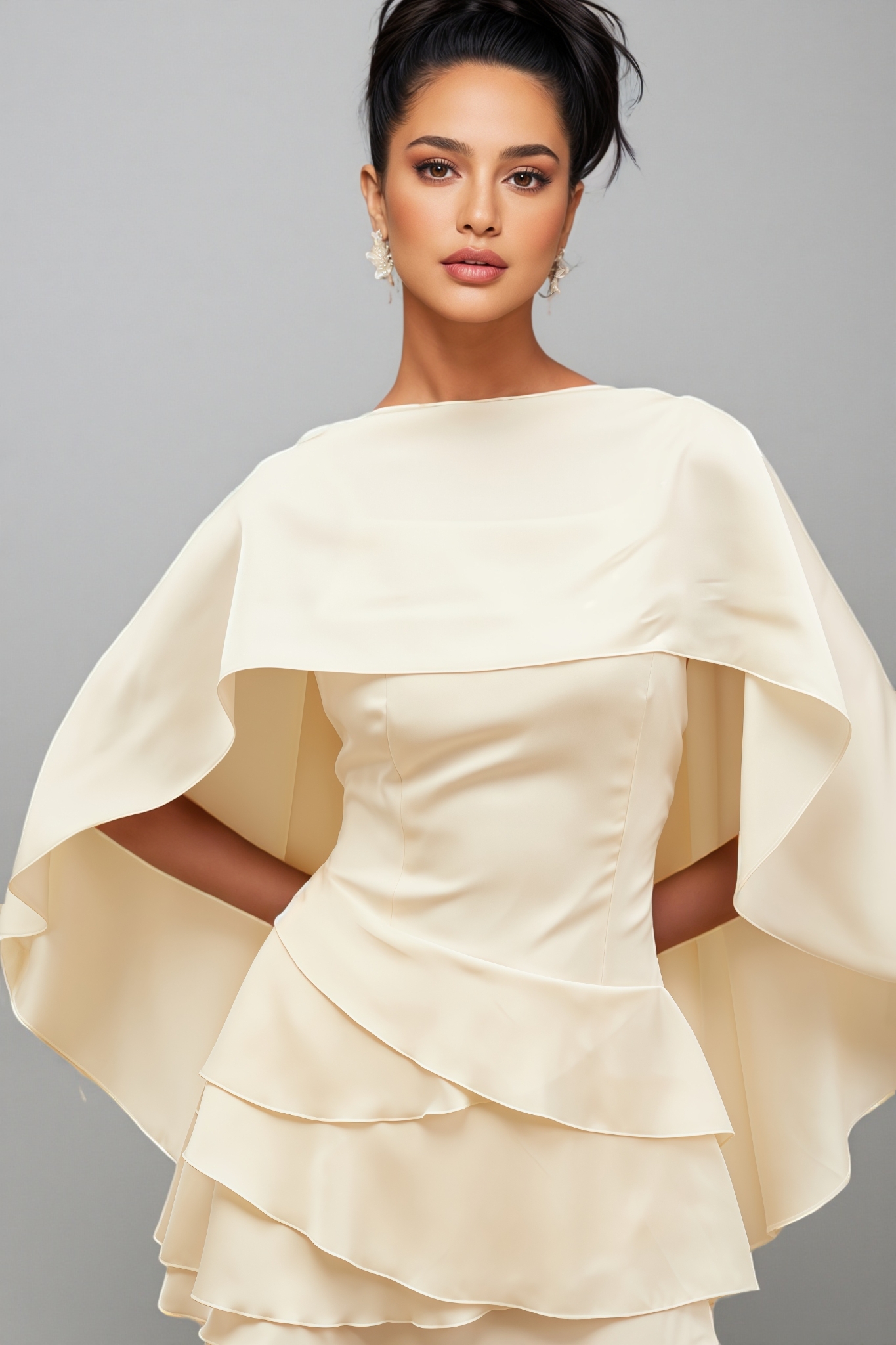Eclipsk White Shawl Panel Ruffled Satin Mini Dress