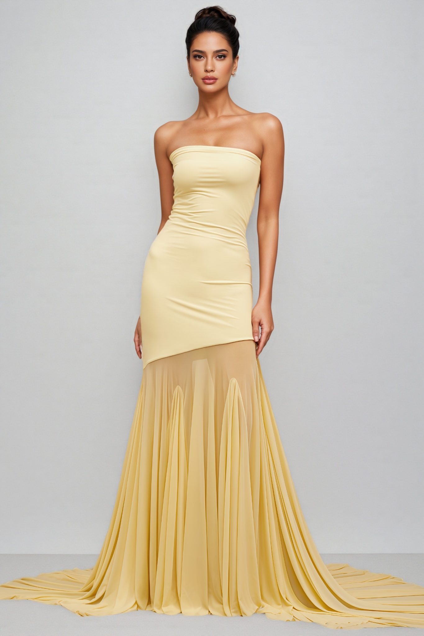 Arantxa Yellow Off Shoulder Sheer Tulle Maxi Dress