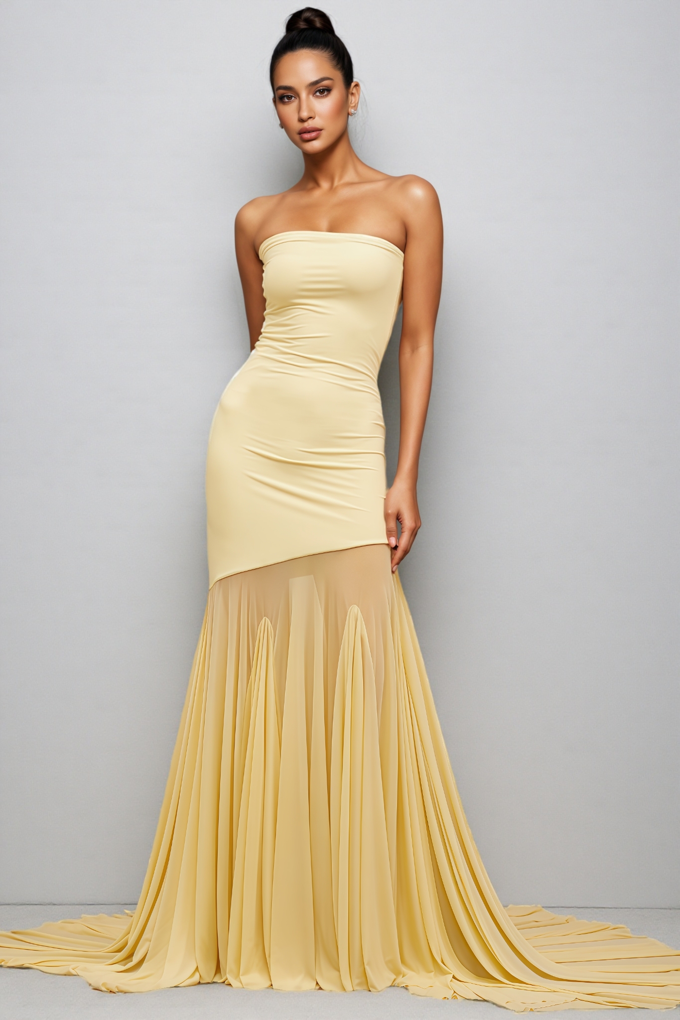 Arantxa Yellow Off Shoulder Sheer Tulle Maxi Dress
