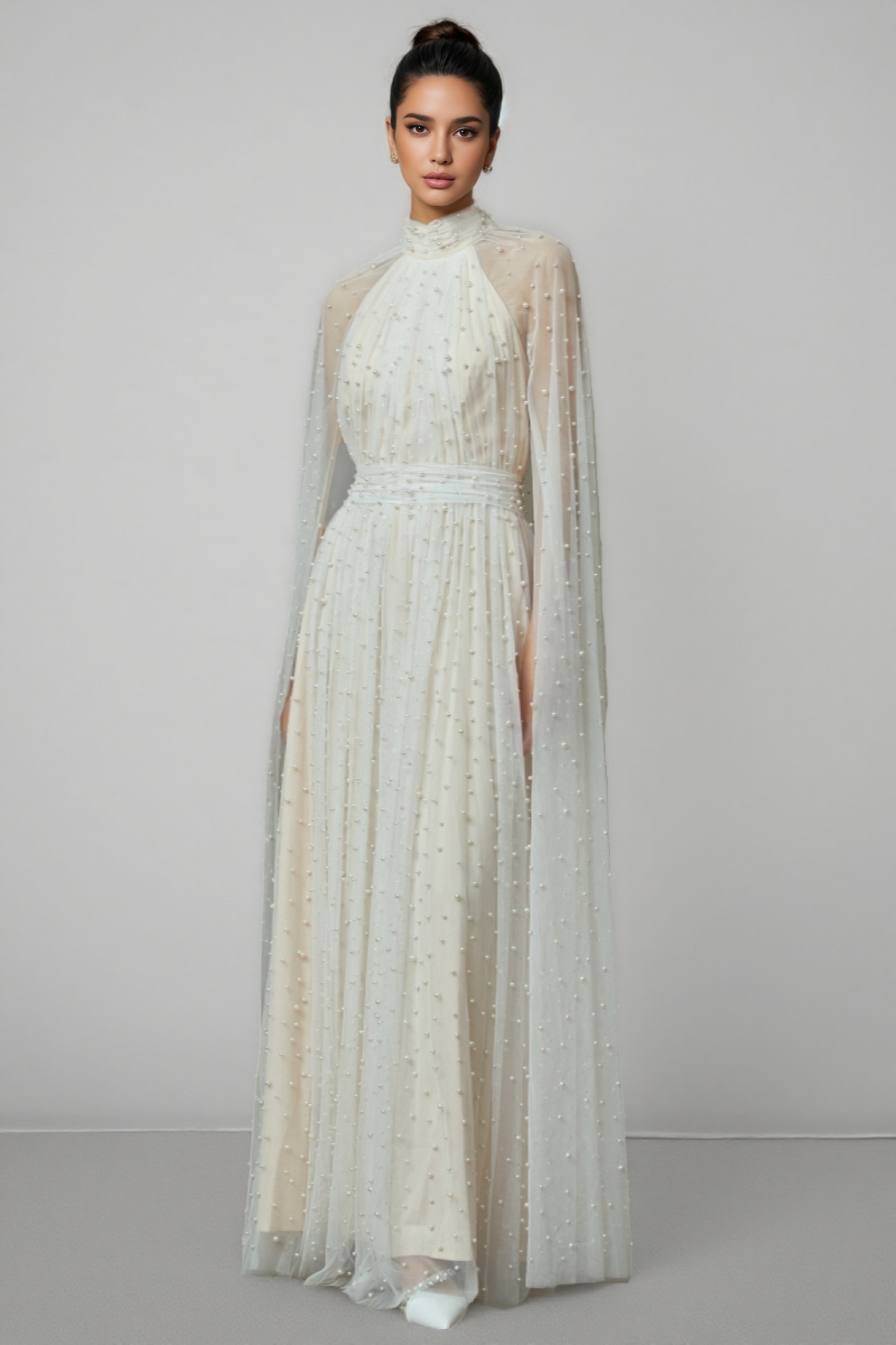 Xyvia Pearl Stand-up Collar Cap Sleeve Maxi Dress