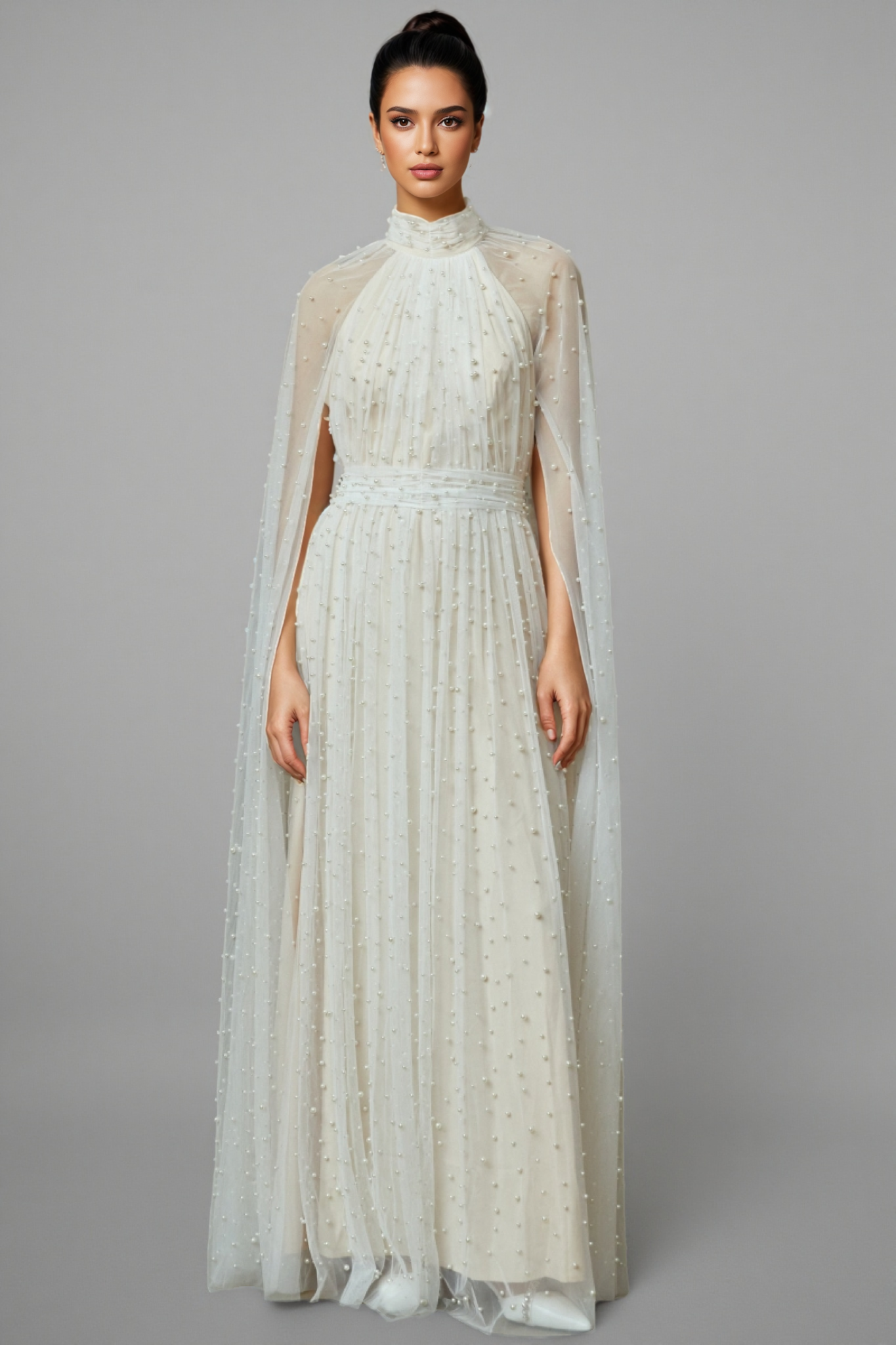 Xyvia Pearl Stand-up Collar Cap Sleeve Maxi Dress