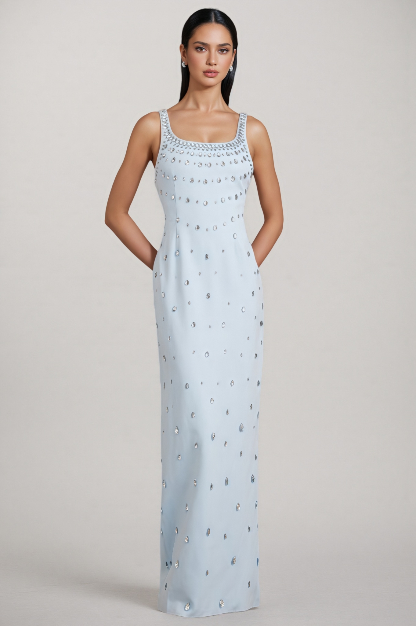 Phaelk Blue Beaded Diamond Maxi Dress