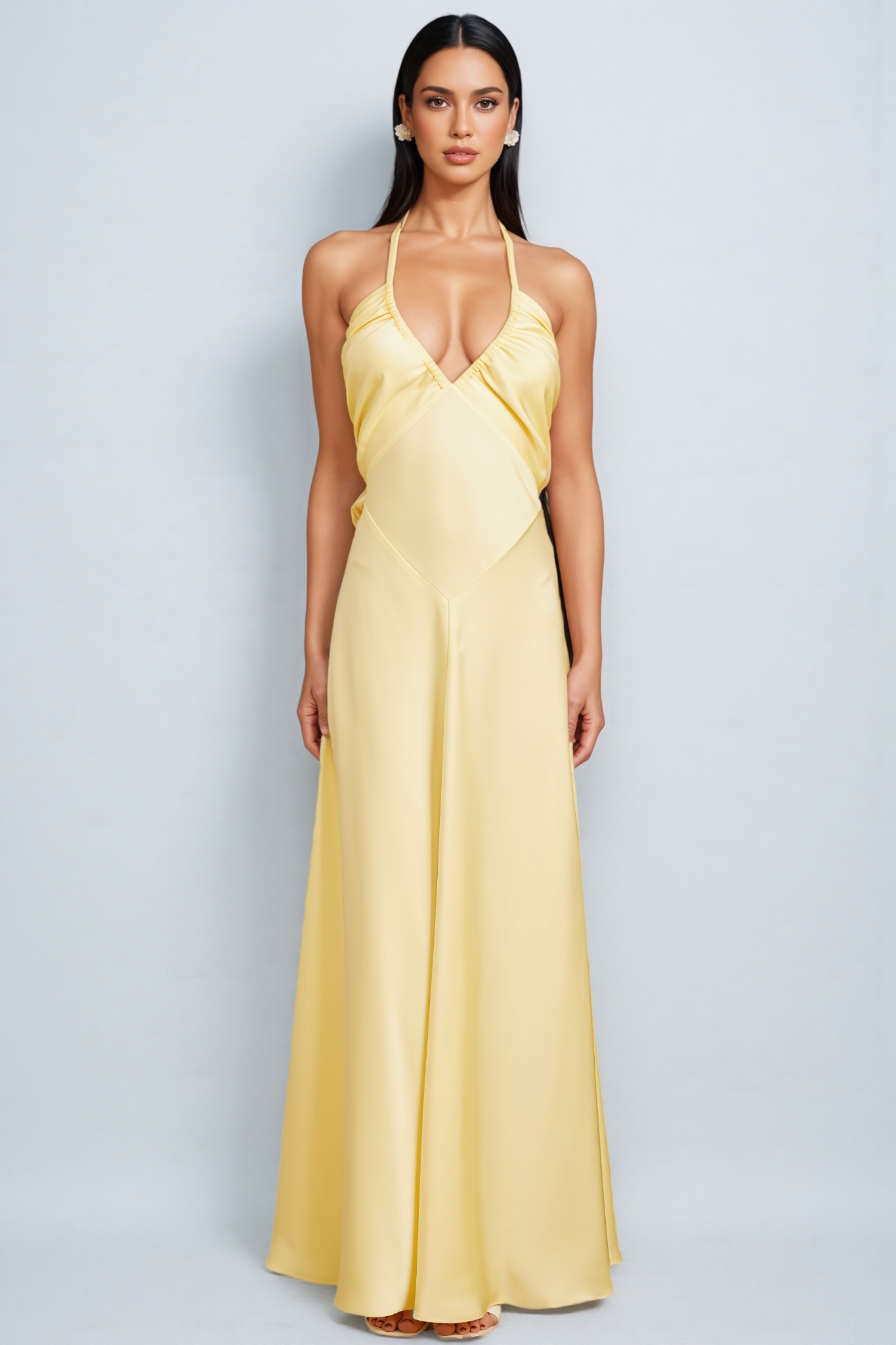 Zadiy Yellow Tie Neck Backless Maxi Dress